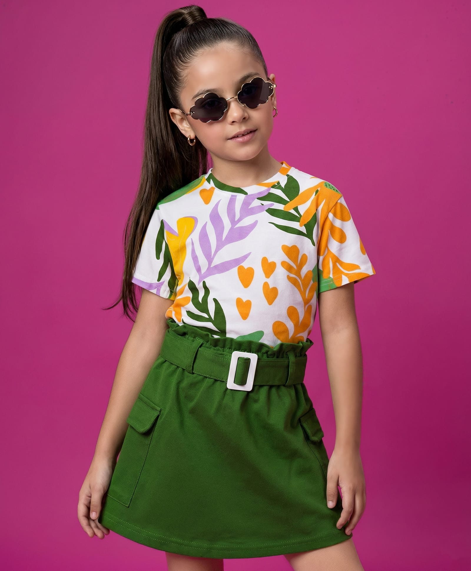 OLLINGTON ST. Cotton Knit Half Sleeves Tropical Theme Printed Top & Knit Skirt Set with Belt - Multicolour & Olive Green-picture-21