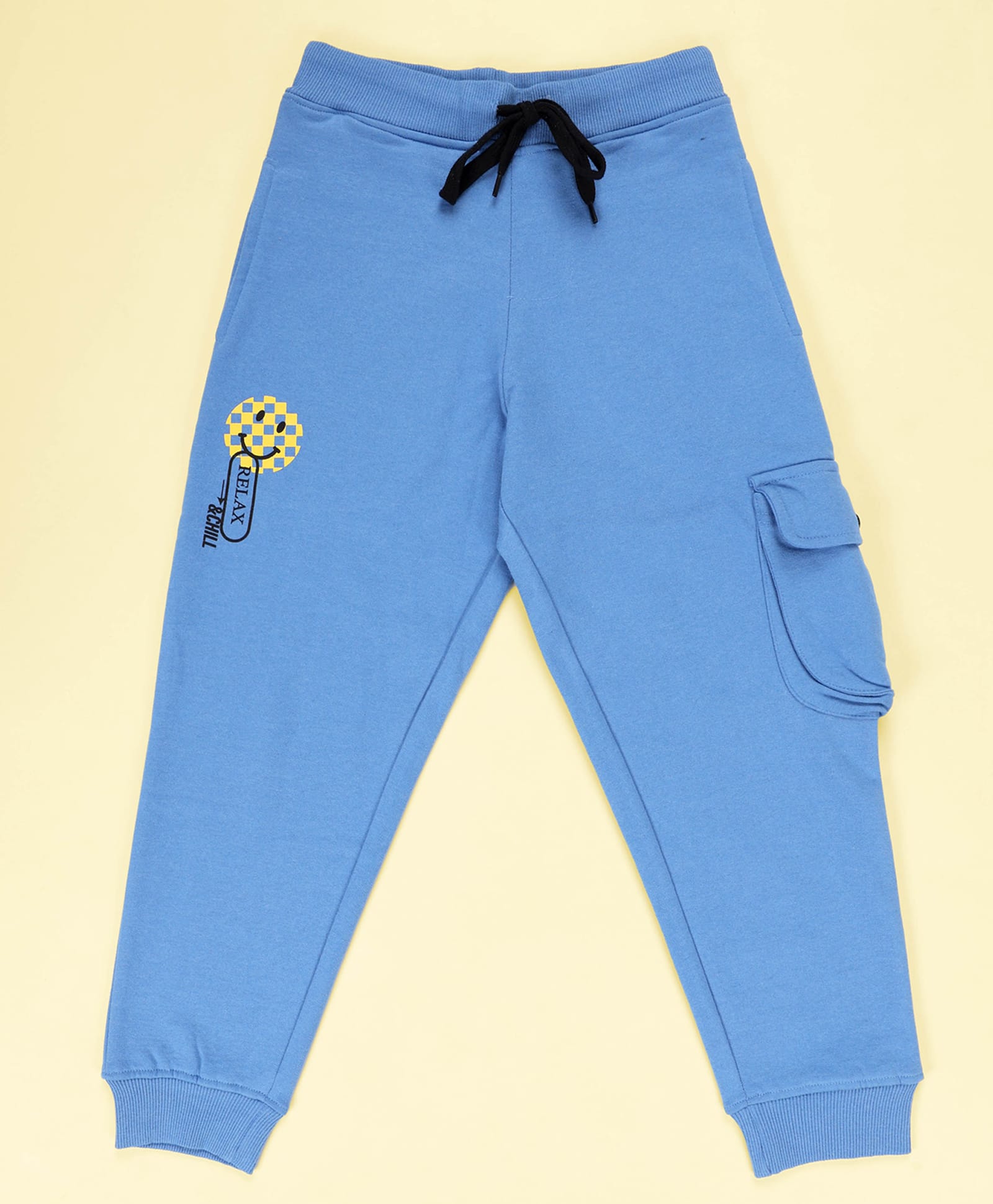 Kiddopanti Fleece Knit Smiley Printed Cargo Track Pants - Dust Blue-picture-28