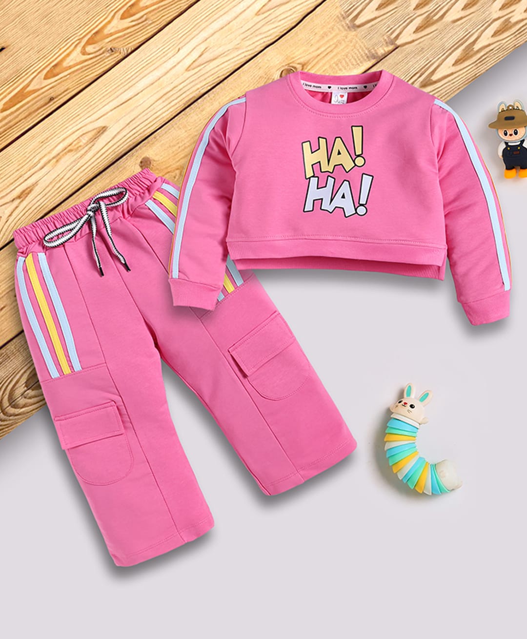 I Love Mom Cotton Lurex Knit Full Sleeves Ha Ha Text Printed Winter Sweatshirt & Pants Set - Pink-picture-19