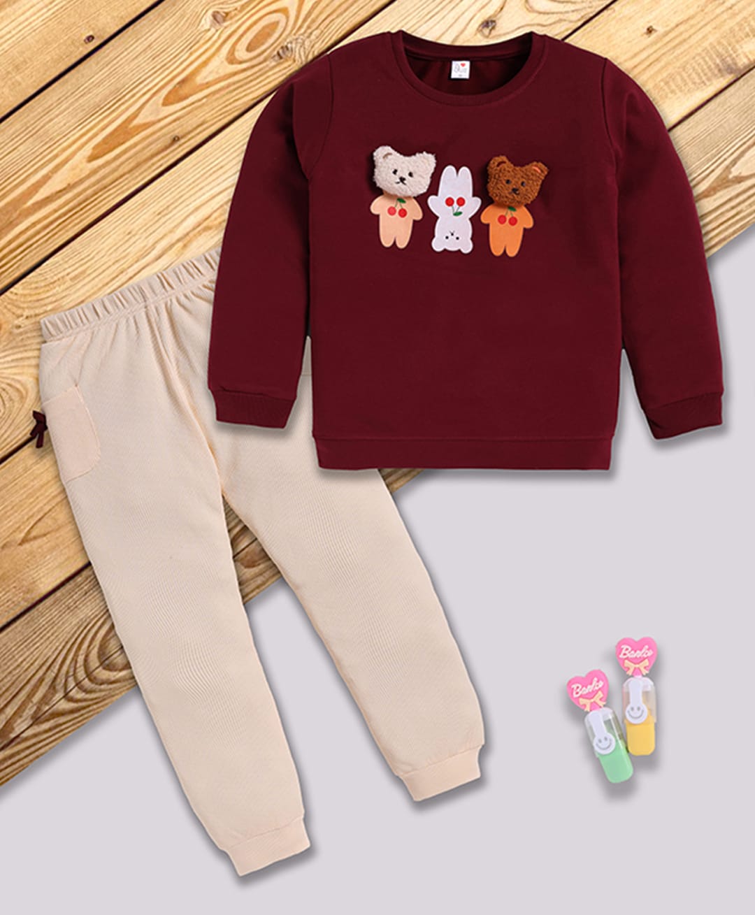 I Love Mom Cotton Lurex Knit Full Sleeves Teddy Patch Detailed Winter Sweatshirt & Joggers Set - Maroon-image-28