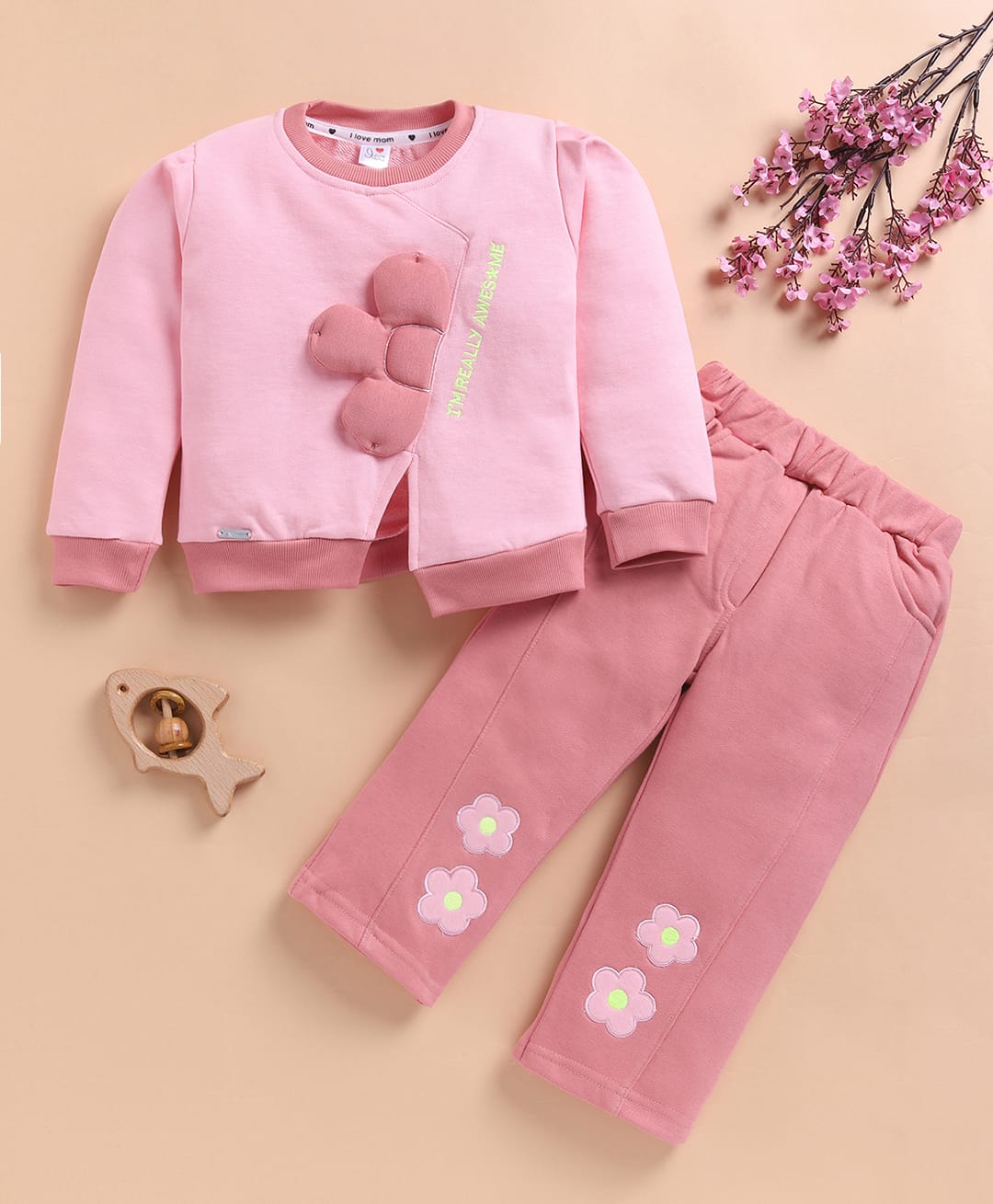 I Love Mom Cotton Lurex Knit Full Sleeves Floral Applique Detailed Winter Sweatshirt & Joggers Set - Pink-image-21