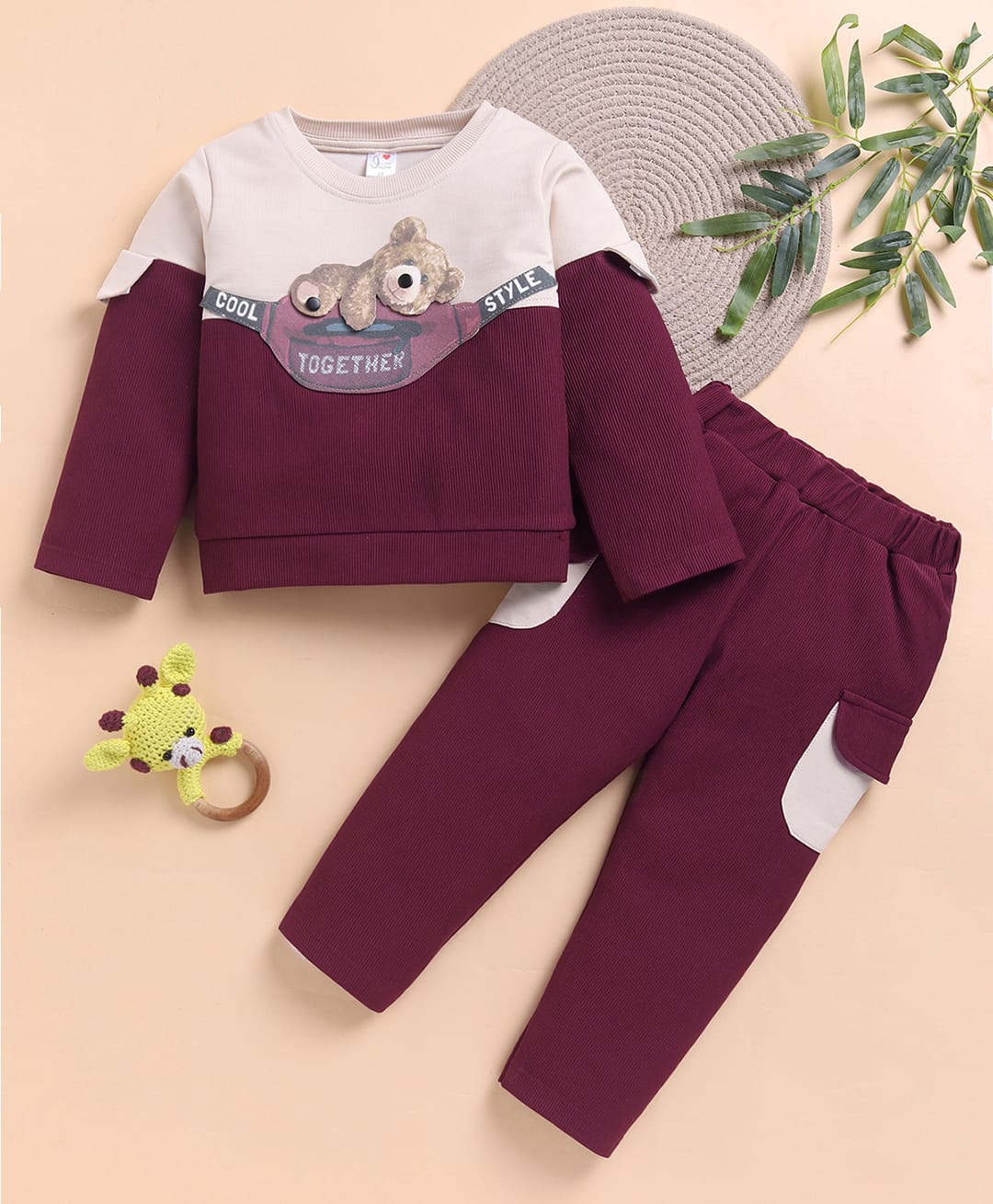 I Love Mom Cotton Lurex Knit Full Sleeves Teddy Patch Detailed Winter Sweatshirt & Pant Set - Brown-image-28