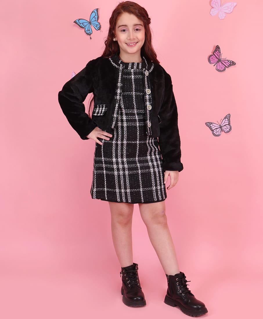 Cutecumber Knit Checked Winter Dress With Full Sleeves Jacket - Black-image-26