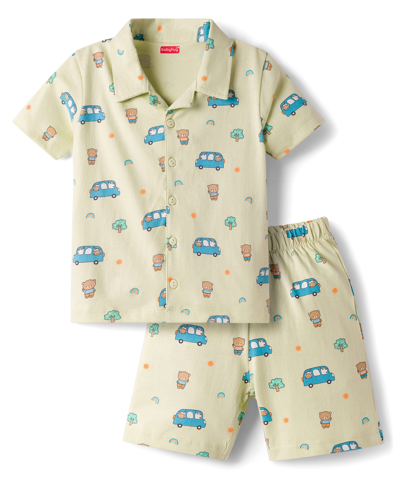 Babyhug Cotton Knit Half Sleeves Vehicles & Bear Printed Co-Ords Shirt & Shorts Night Suit - Light Green-image-7