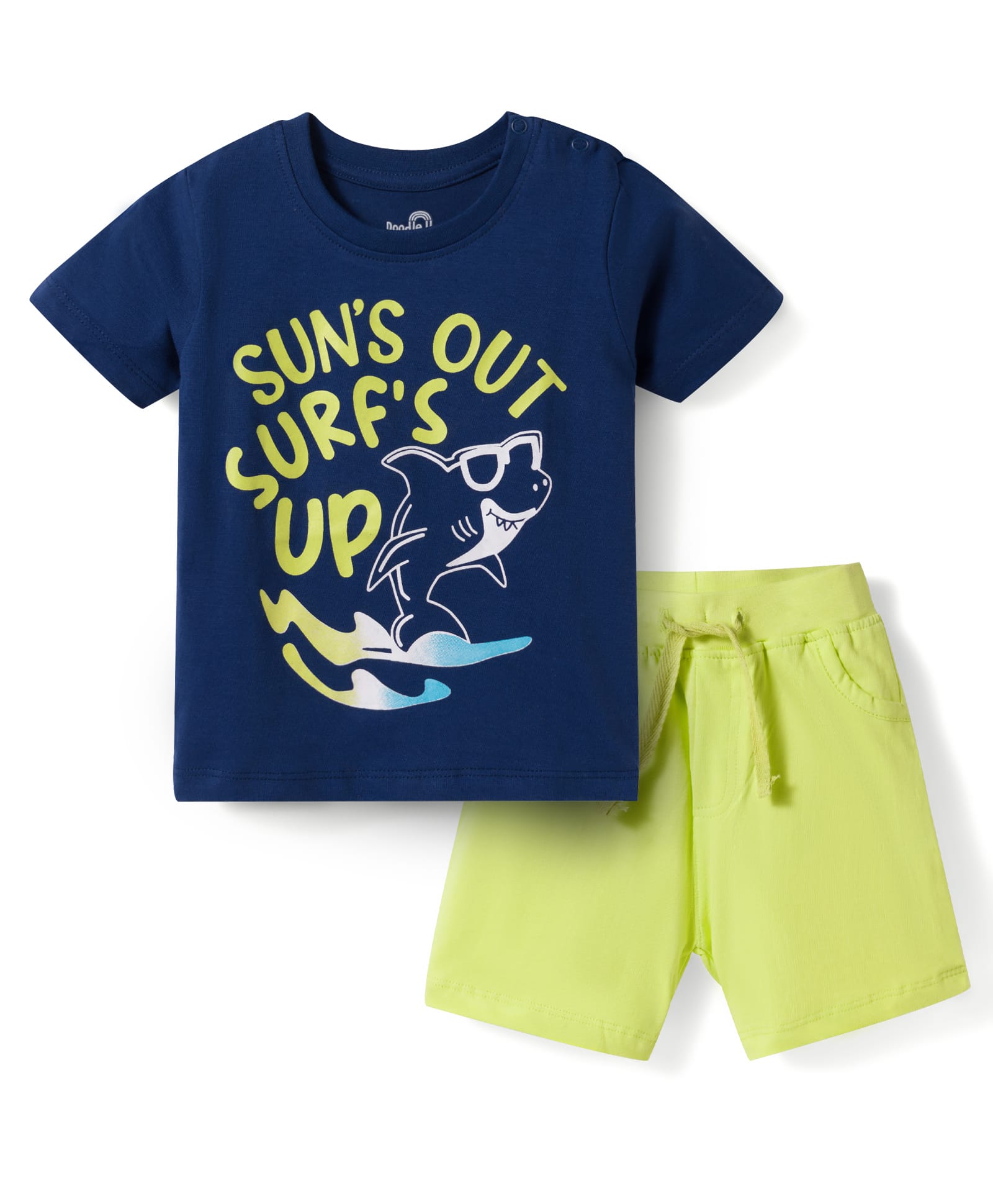 Doodle Poodle 100% Cotton Single Jersey Knit Half Sleeves T-Shirt & Shorts Set with Sport Print - Navy Blue & Lime Green