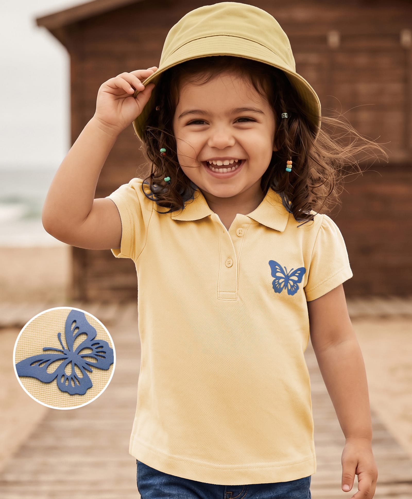 Kookie Kids 100% Cotton Knit Half Sleeves Polo T-Shirt With Butterfly Applique - Light Yellow-image-3