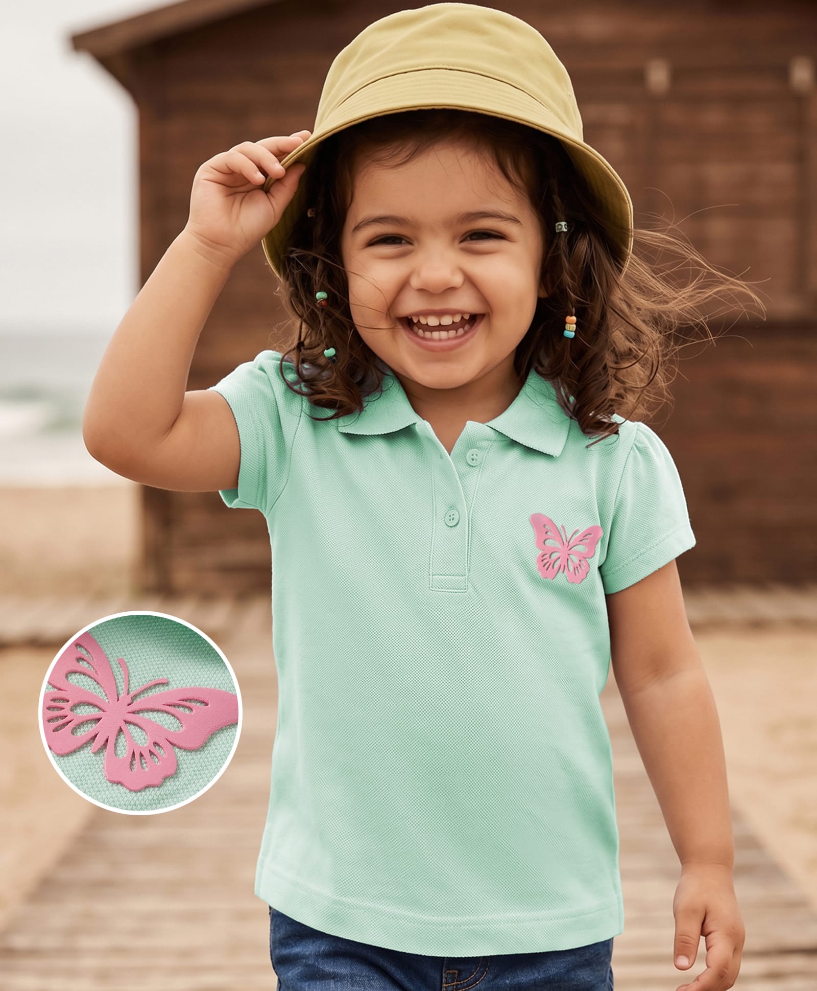 Kookie Kids Cotton Knit Half Sleeves Solid Colour Polo T-Shirt with Butterfly Applique - Mint-image-48