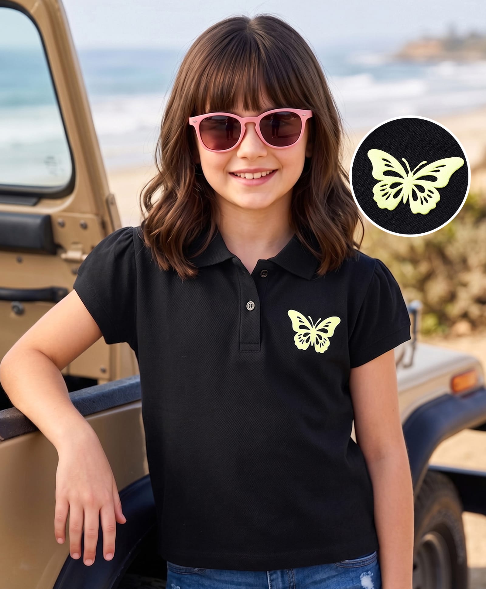 kookie kids india Kookie Kids Cotton Knit Solid Colour Polo T-Shirt with Butterfly Applique - Black-picture-36