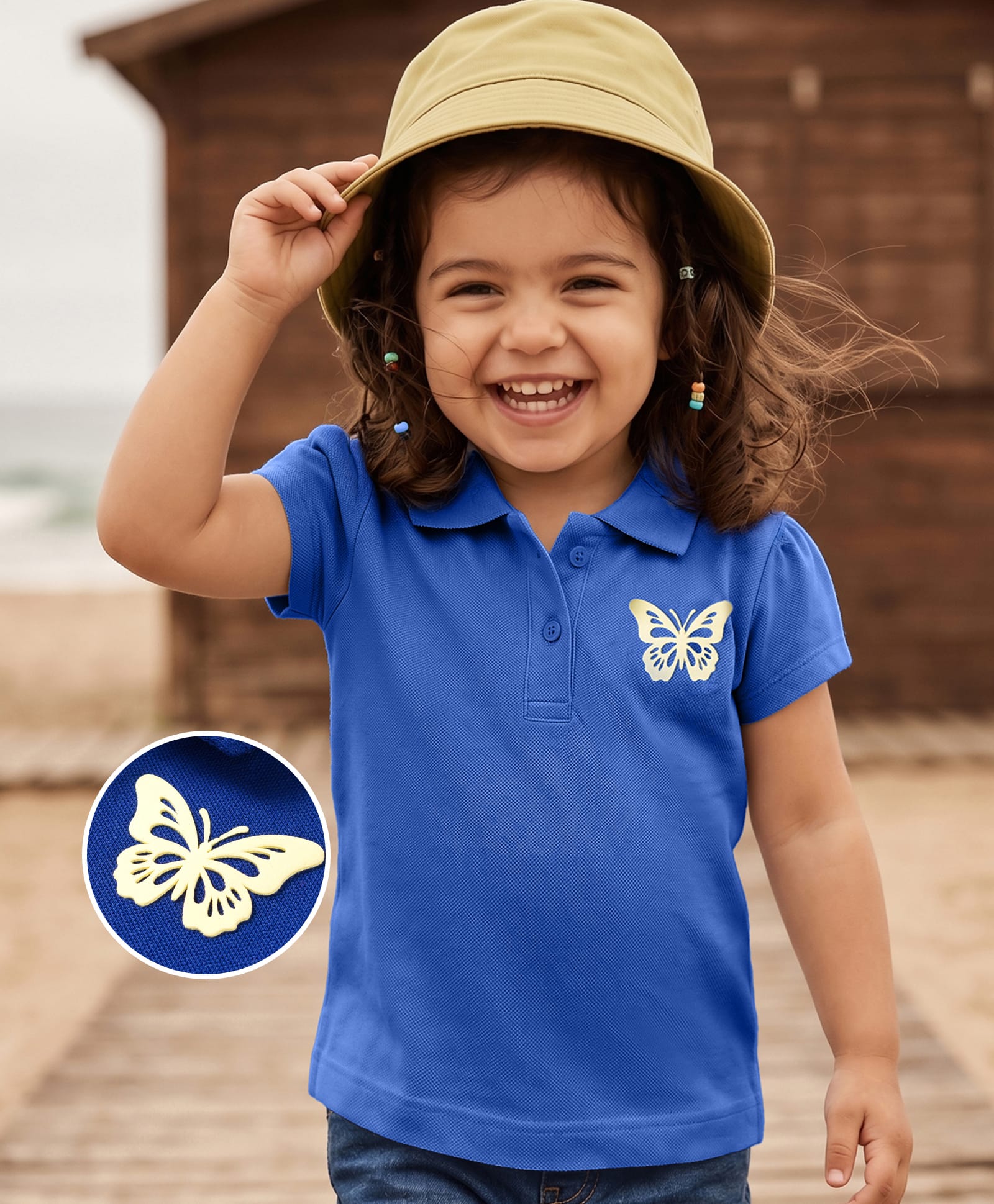 Kookie Kids Cotton Knit Solid Colour Polo T-Shirt with Butterfly Applique - Navy Blue-image-14