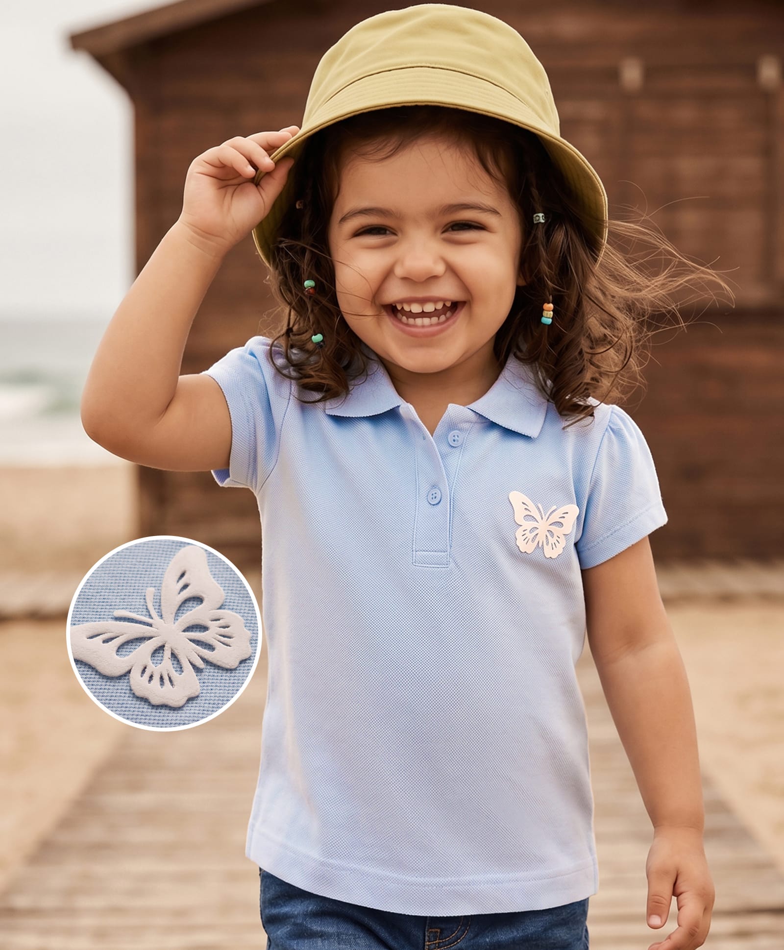 Kookie Kids 100% Cotton Knit Half Sleeves Polo T-Shirt With Butterfly Applique - Light Blue-image-13