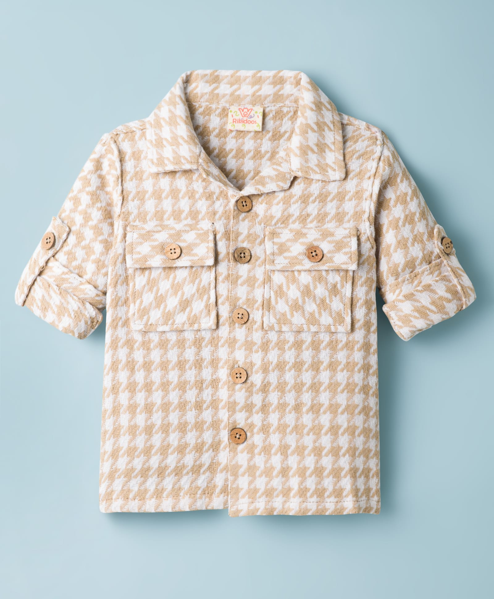 Rikidoos Cotton Woven Full Sleeves Shirt with Houndstooth Design - Beige-picture-13