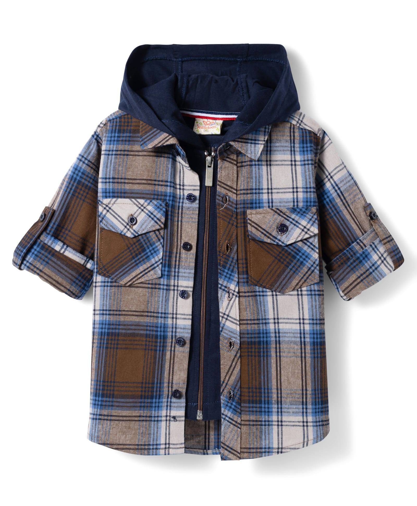 Rikidoos Cotton Woven Full Sleeves Hooded Checkered Shirt with Attached T-Shirt - Brown & Navy Blue-picture-26
