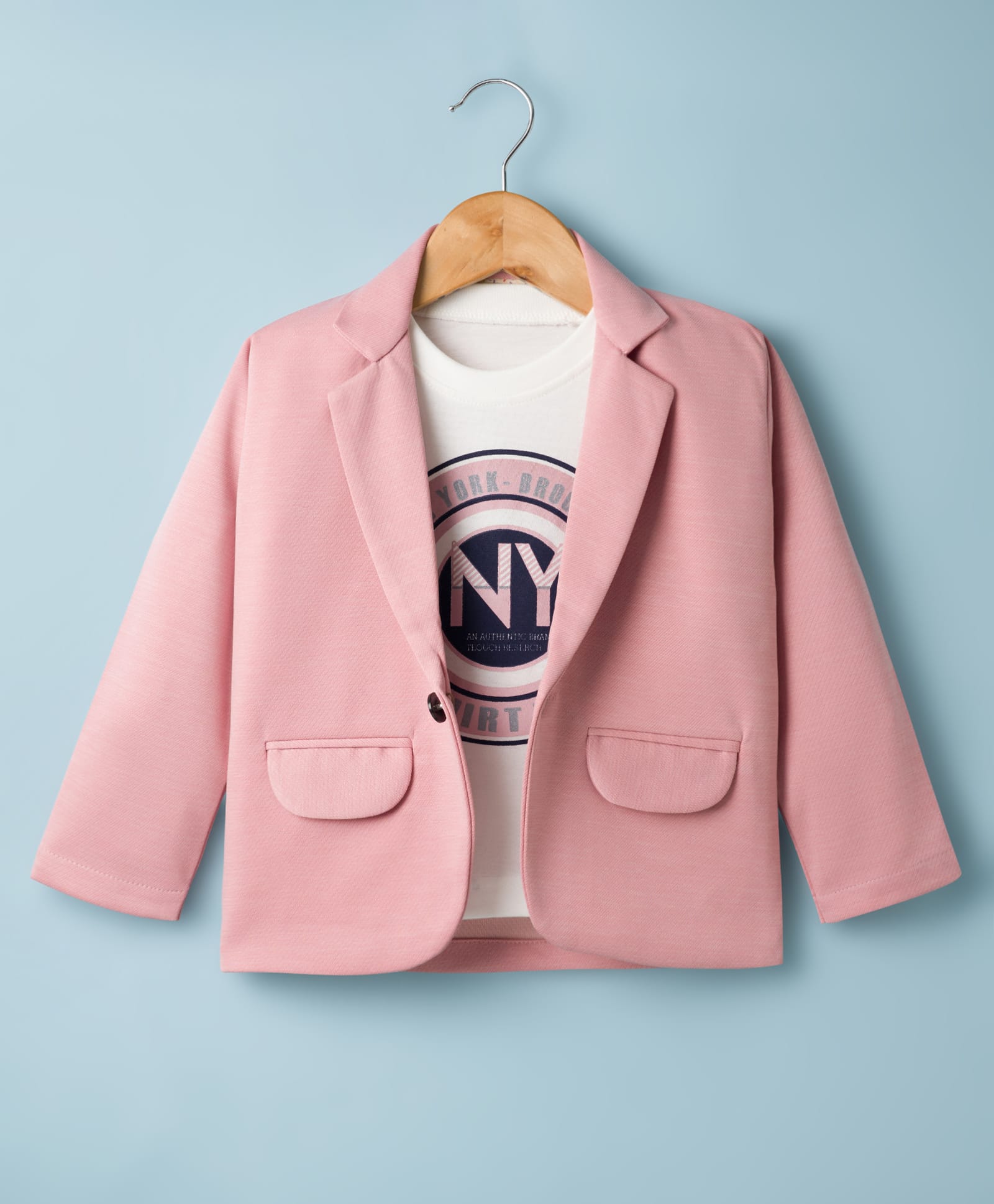 Rikidoos Embosis Hosiery Woven Full Sleeves Solid Color Blazer With T-Shirt - Pink & White-picture-14