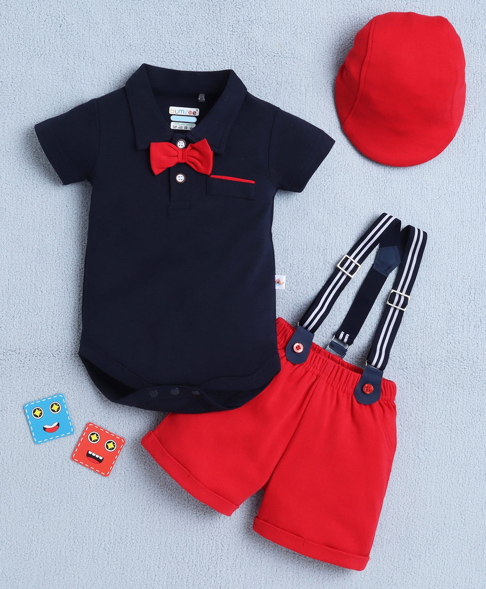 BUMZEE Cotton Knit Half Sleeves Solid Party Onesie & Shorts With Suspender Cap & Bow Applique Set - Navy Blue & Red-image-34