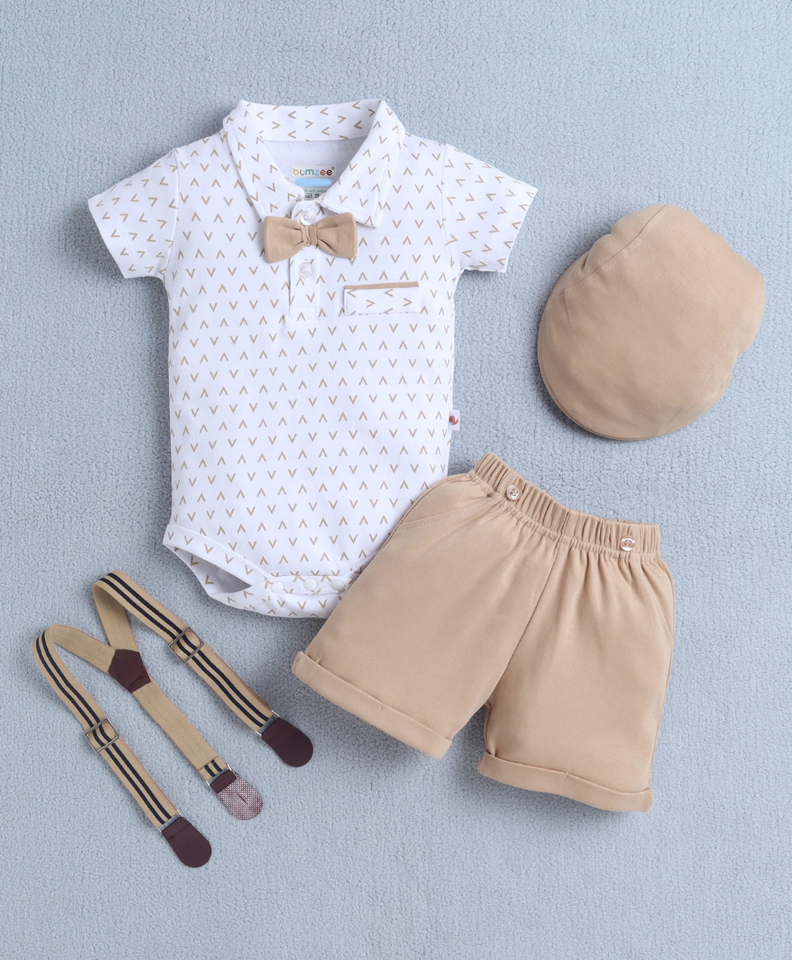 BUMZEE Cotton Knit Half Sleeves Printed Party Onesie & Shorts Set With Suspender Cap & Bow Applique - White & Beige-image-45