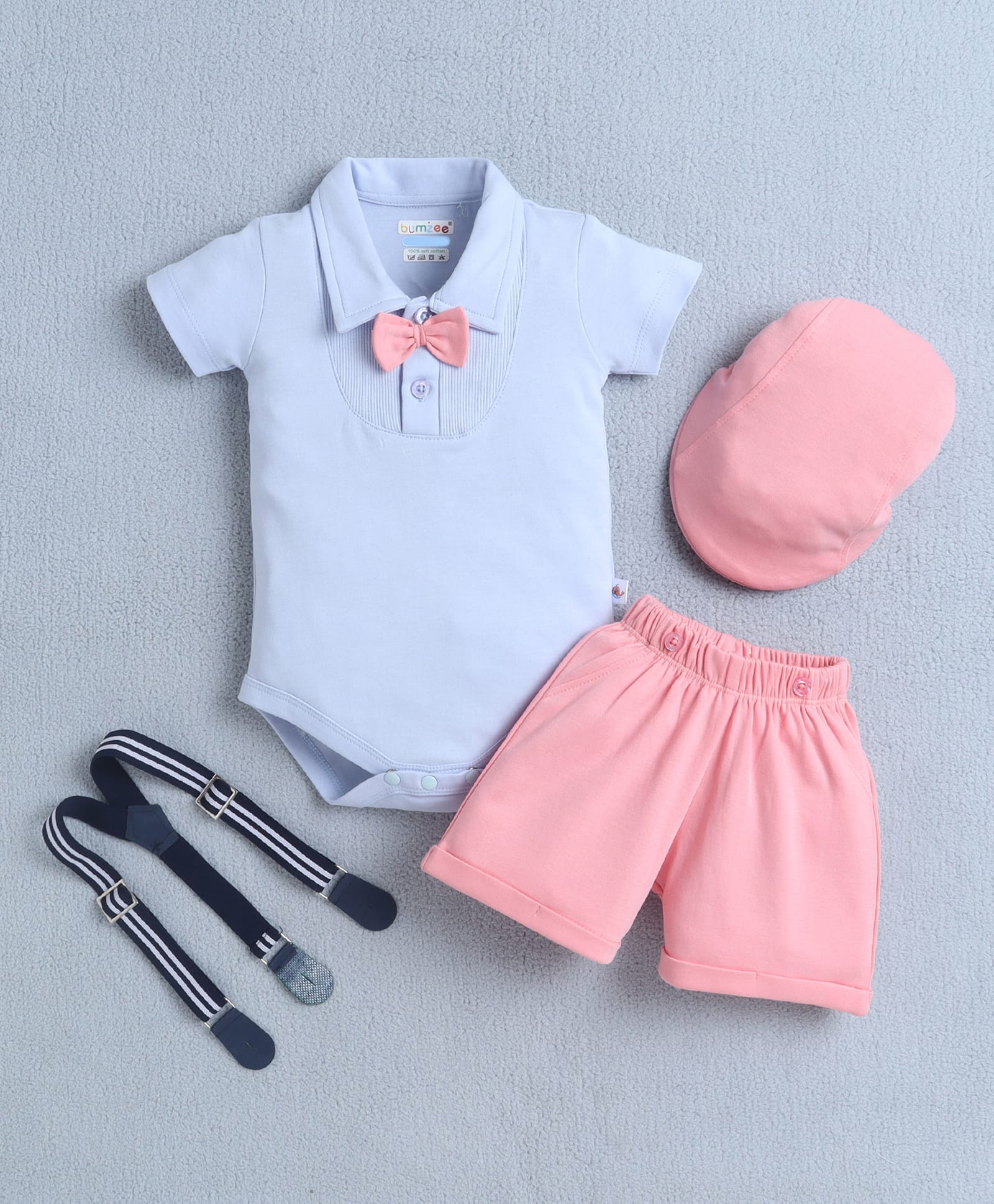 BUMZEE Cotton Knit Half Sleeves Solid Colour Party Onesie & Shorts with Bow Applique Cap & Suspender - Light Blue & Pink-image-13