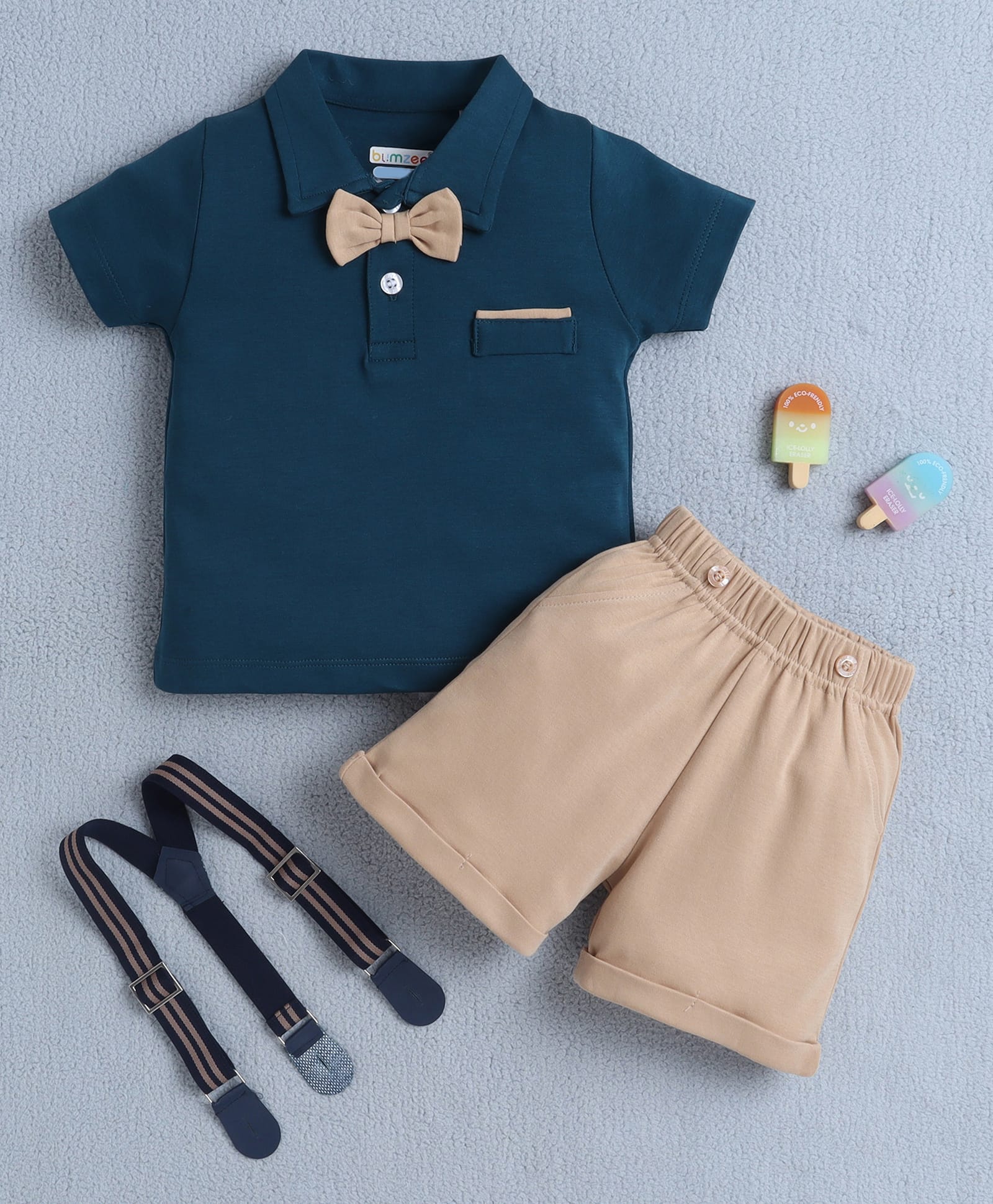 BUMZEE Cotton Knit Half Sleeves Solid Party T-Shirt & Shorts Set With Suspender & Bow Applique - Teal Blue & Beige-image-8