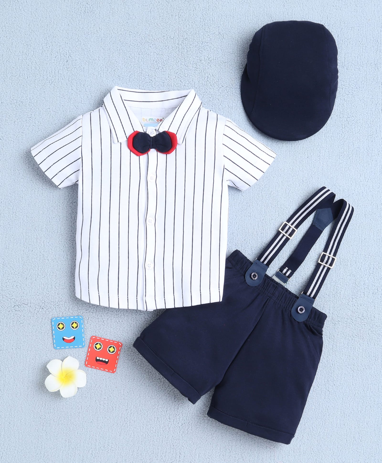 BUMZEE Cotton Knit Half Sleeves Vertical Striped Party Shirt & Shorts Set With Suspender Bow & Cap - White & Navy Blue-image-17