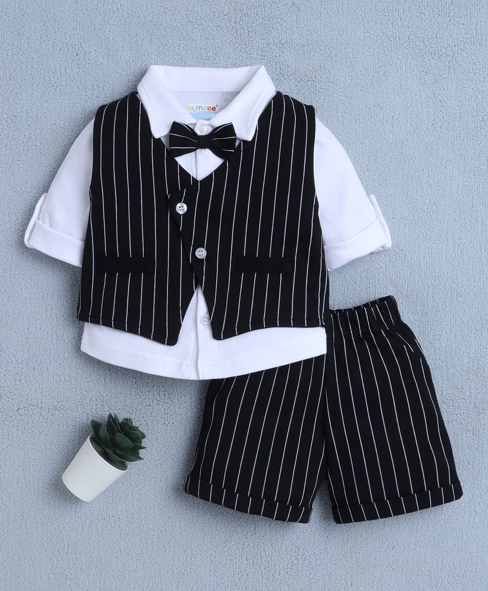 BUMZEE Cotton Knit Full Sleeves Solid Colour Party Shirt & Shorts Set with Striped Waist Coat & Attached Bow - Black-picture-0