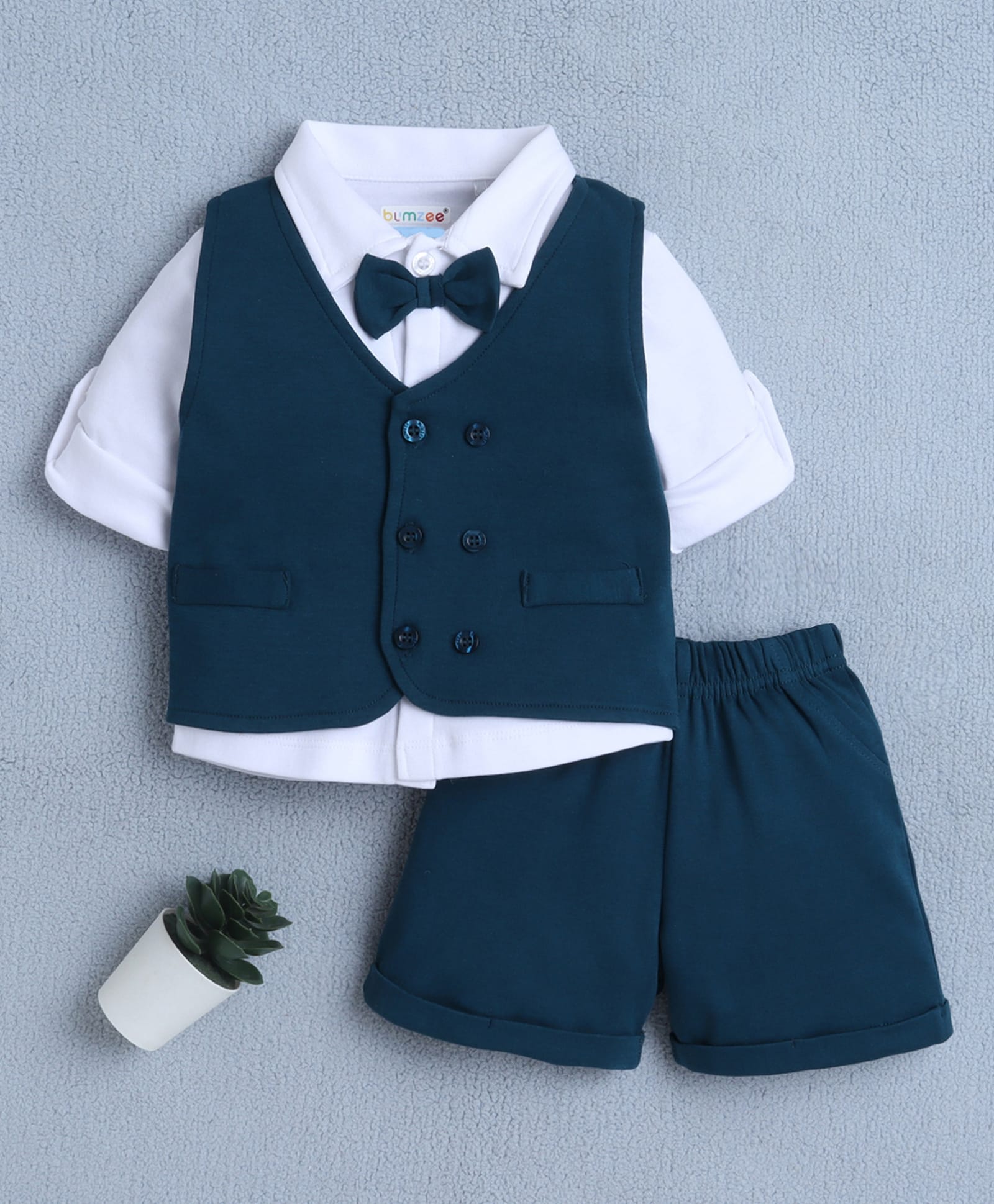 BUMZEE Cotton Knit Full Sleeves Solid 3 Piece Party Suit With Bow Applique - Teal & White-picture-13