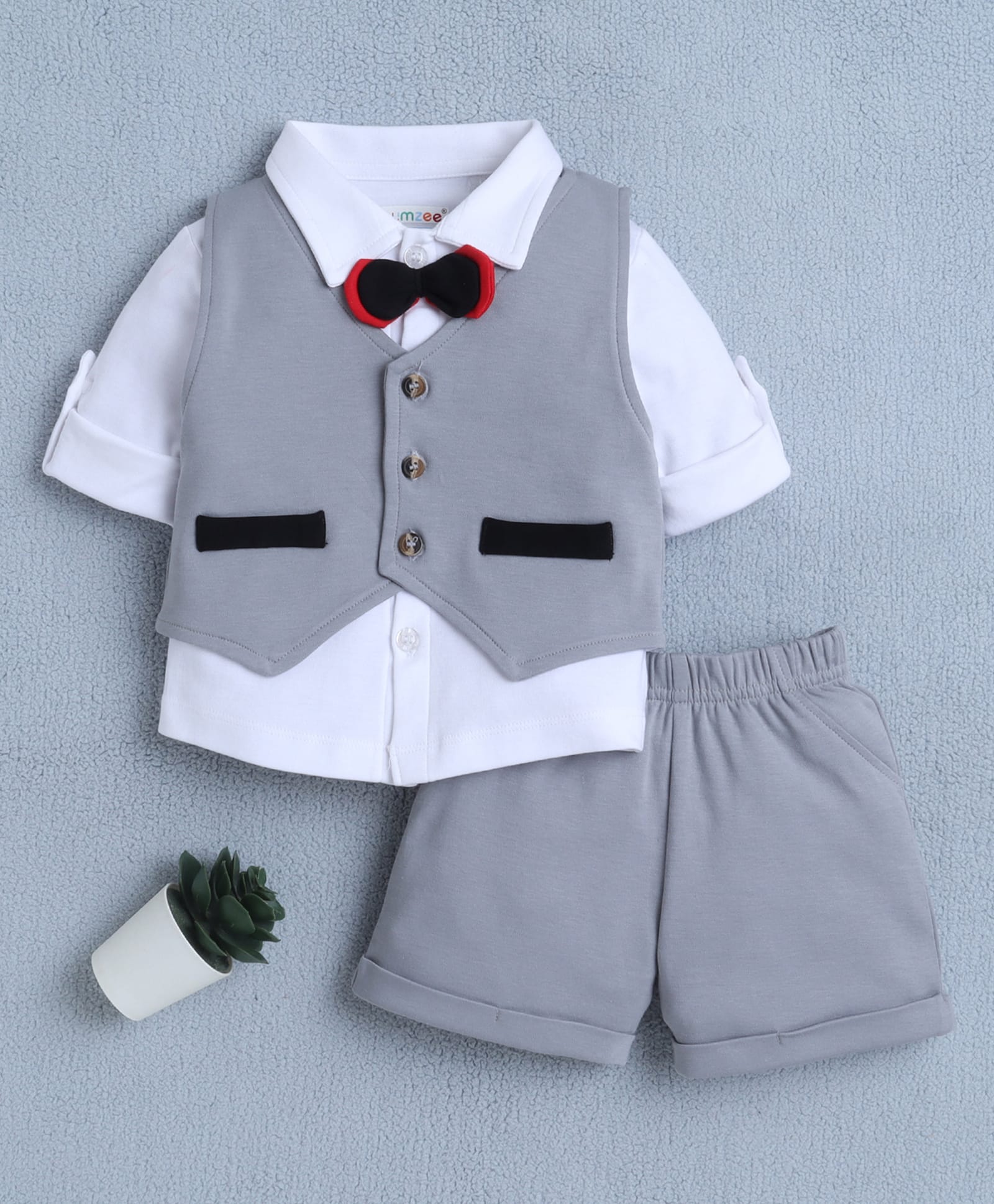 BUMZEE Cotton Knit Full Sleeves Solid 3 Piece Party Suit With Bow Applique - Grey & White-picture-24