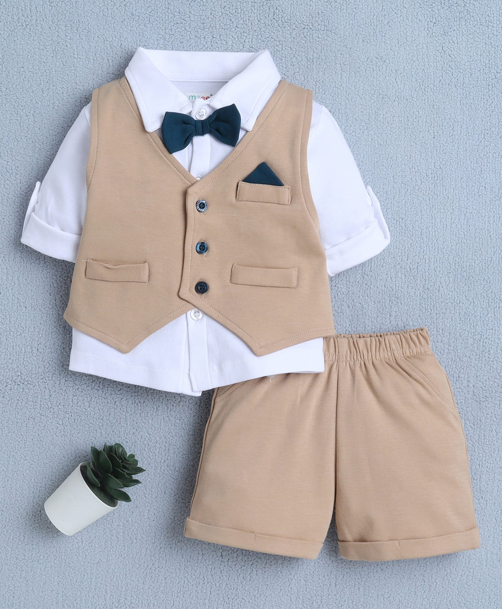 BUMZEE Cotton Knit Full Sleeves Solid 3 Piece Party Suit With Bow Applique - Beige & White-picture-17