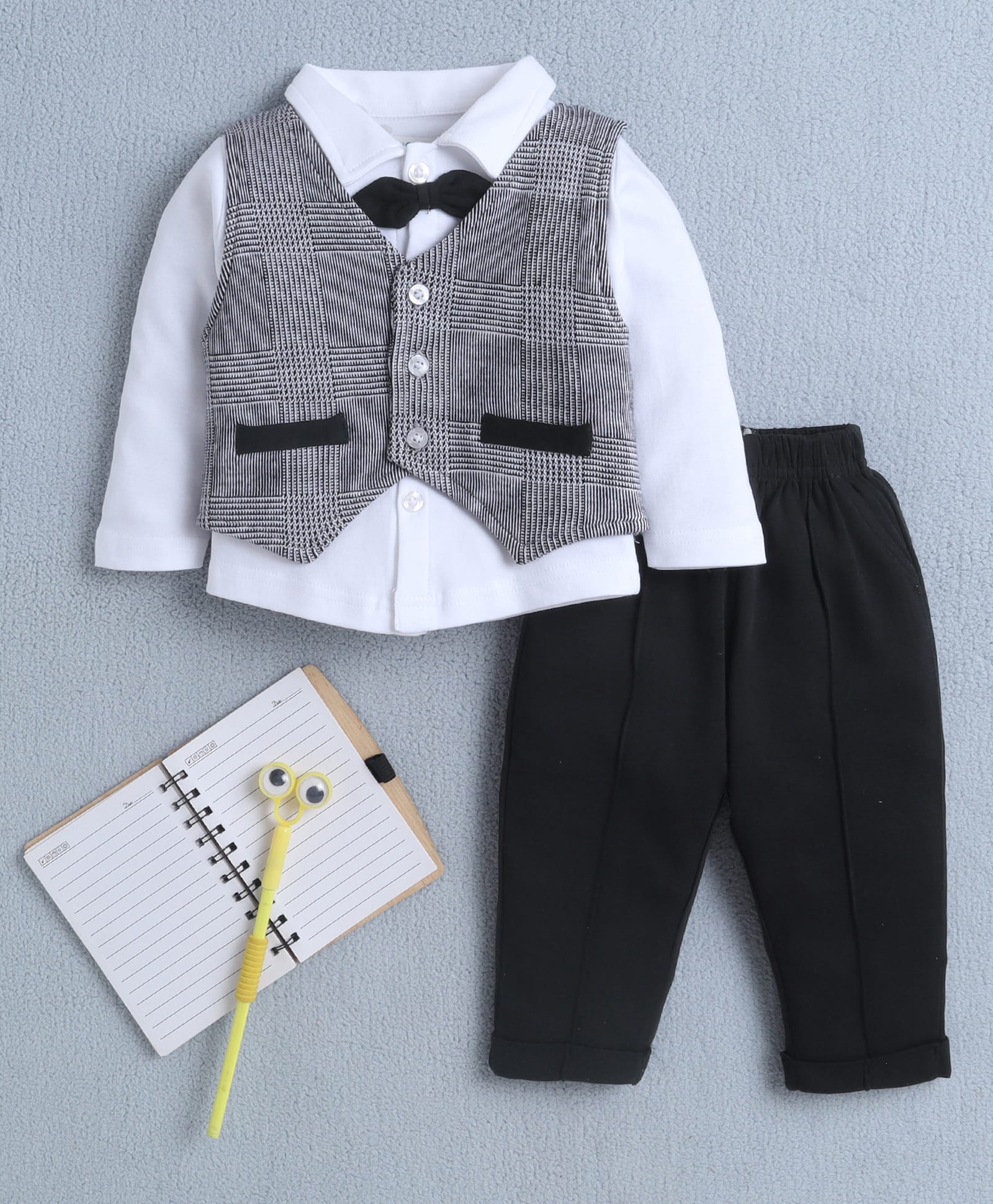 BUMZEE Cotton Knit Full Sleeves Checked 3 Piece Party Suit With Attached Bow - White & Black-image-39