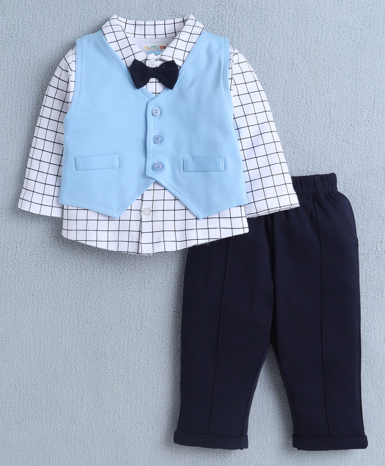 BUMZEE Cotton Knit Full Sleeves Checks 3 Piece Party Suit With Bow Applique - White & Navy Blue