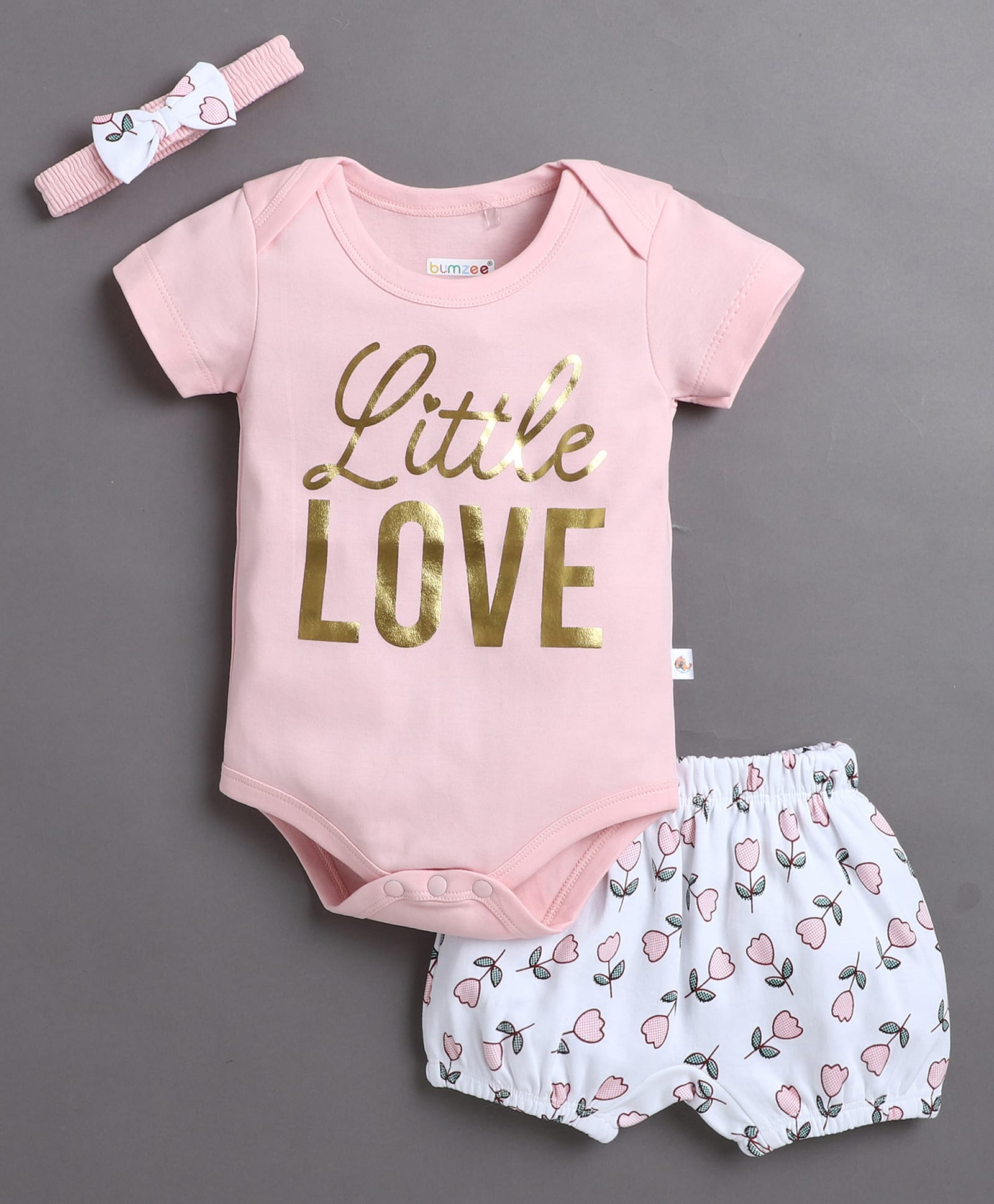 BUMZEE Cotton Knit Half Sleeves Lotus Printed Party Onesie & Shorts Set With Headband - Pink & White-picture-34