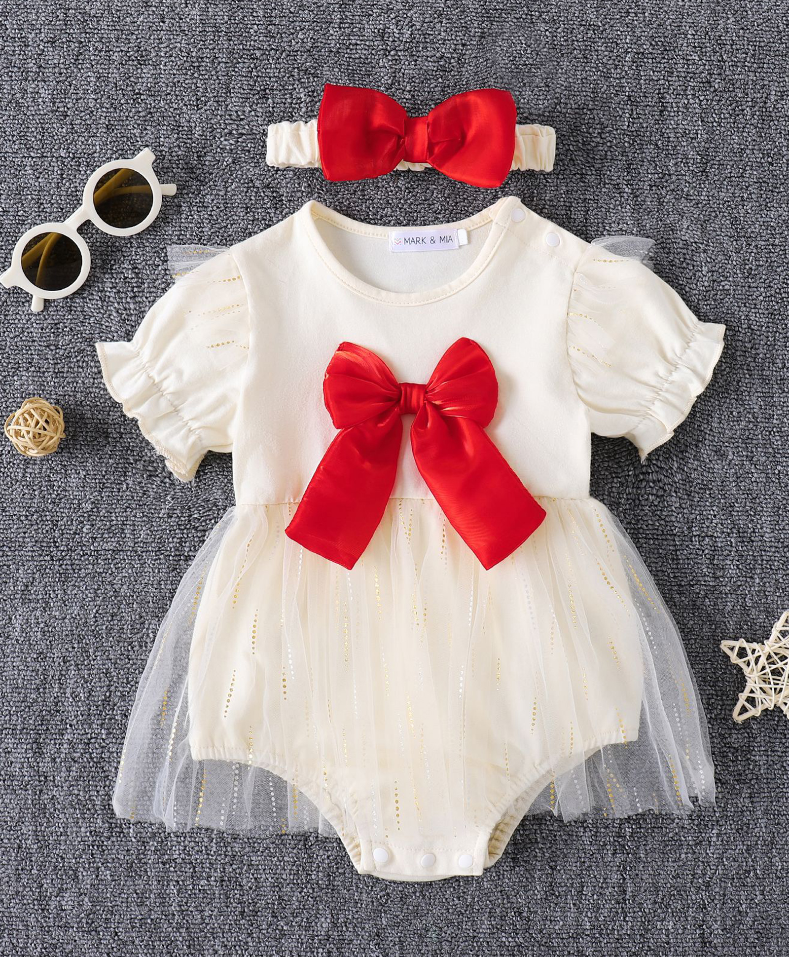 Mark & Mia Half Puffed Sleeves Solid Colour Frock Style Onesie with Bow Applique & Headband - Beige