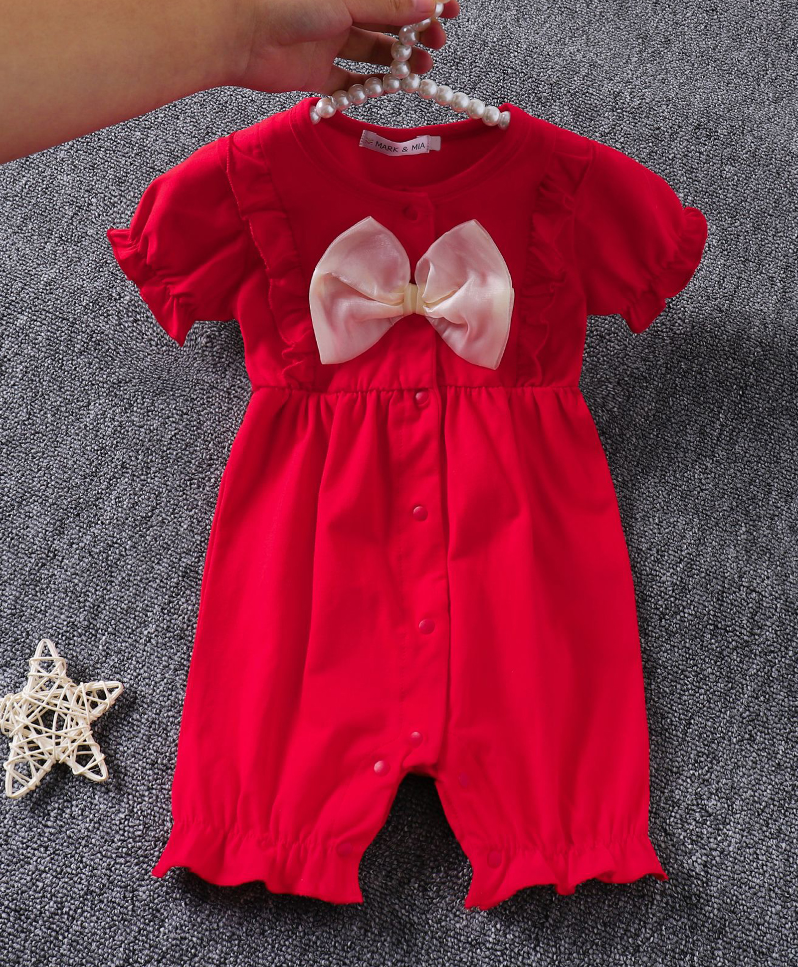 Mark & Mia Cotton Half Puffed Sleeves Solid Colour Front Open Romper with Bow Applique - Red