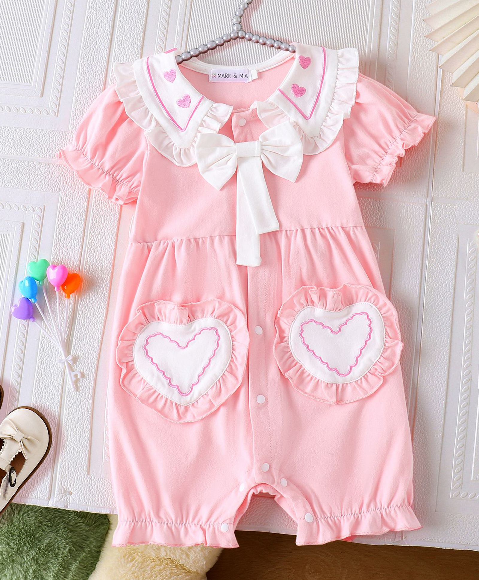 Mark & Mia Cotton Half Puffed Sleeves Solid Colour Front Open Romper with Bow Applique & Heart Design - Pink