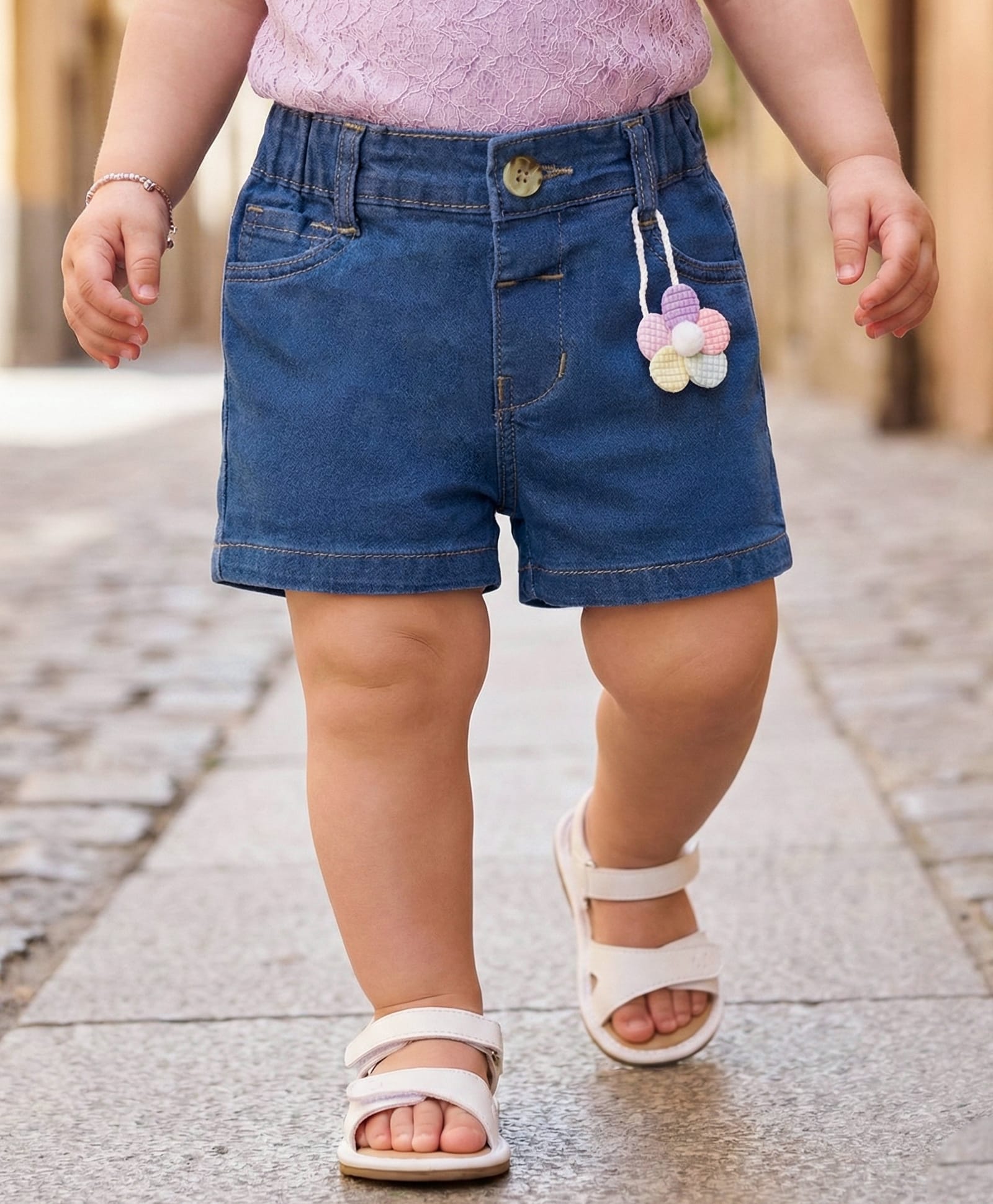 Babyoye Woven Denim Shorts with Floral Applique- Blue-picture-26