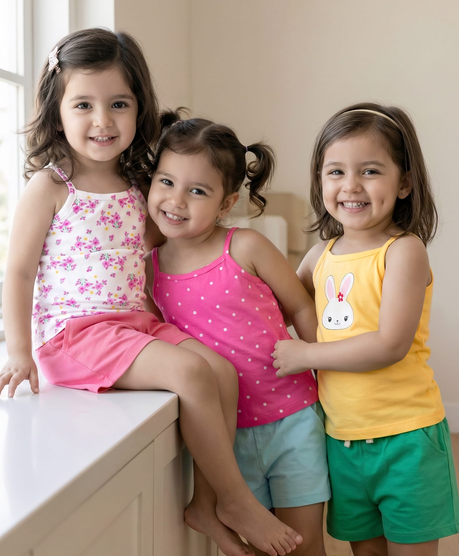 Babyhug 100% Cotton Knit Sleeveless Floral, Bunny & Polka Dots Printed Slips Pack of 3 - White, Yellow & Pink-image-25