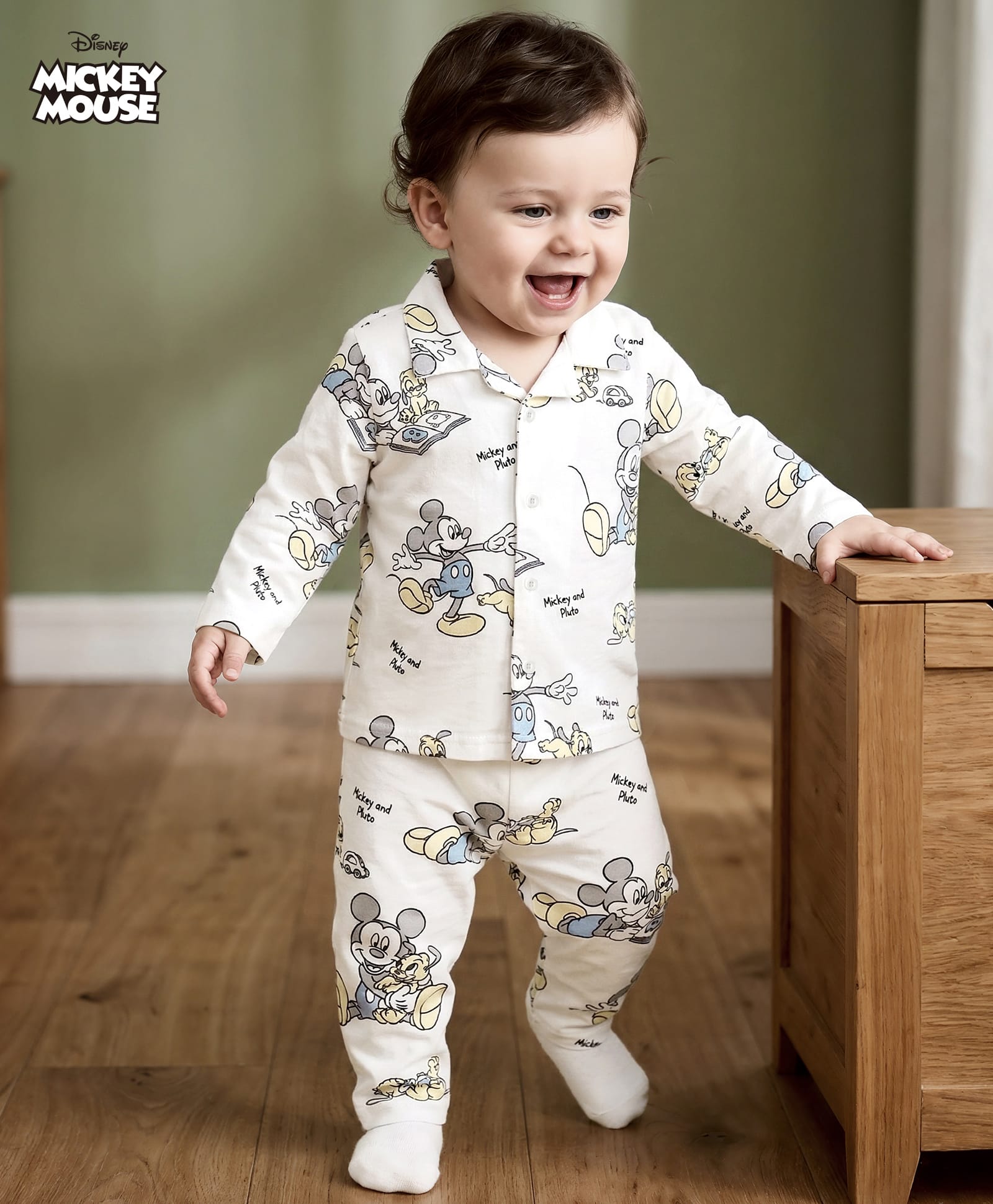 Babyoye Disney 100% Cotton Knit Full Sleeves Co-Ords Shirt & Pyjama Night Suit With Micky Mouse Print - White-image-24