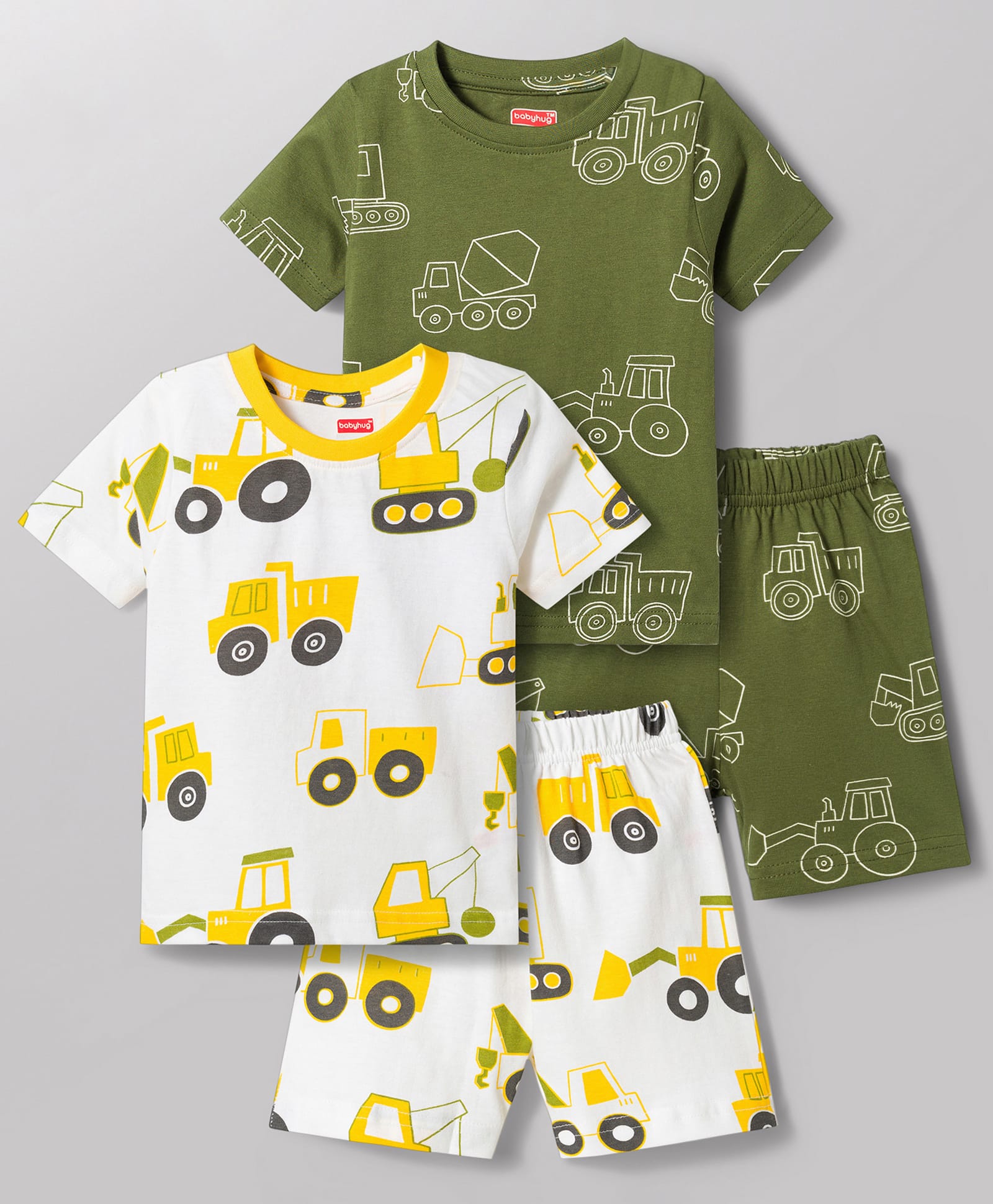 Babyhug Cotton Knit Half Sleeves T-Shirts & Shorts Night Suits with Vehicle Print Pack of 2 - Green & White