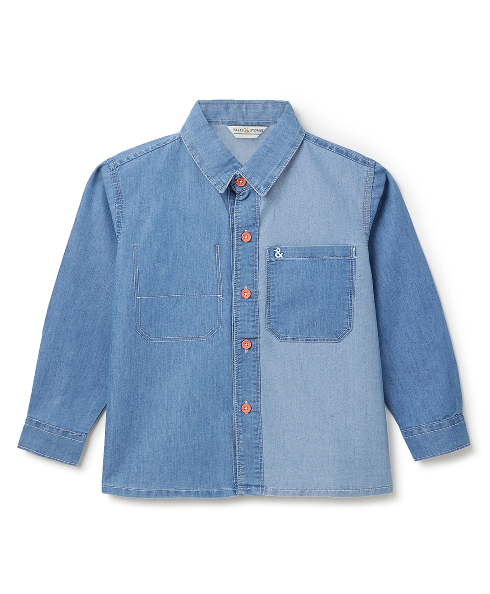 Tales & Stories Denim Woven Full Sleeves Colour Blocked Washed Shirt - Light Blue-picture-26