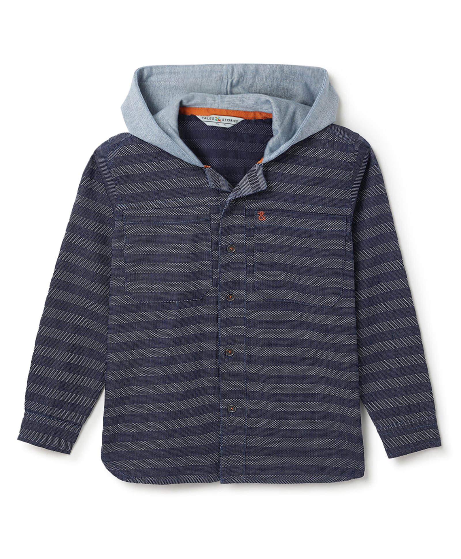 Tales & Stories Cotton Woven Full Sleeves Striped & Hooded Shirt - Navy Blue-picture-23