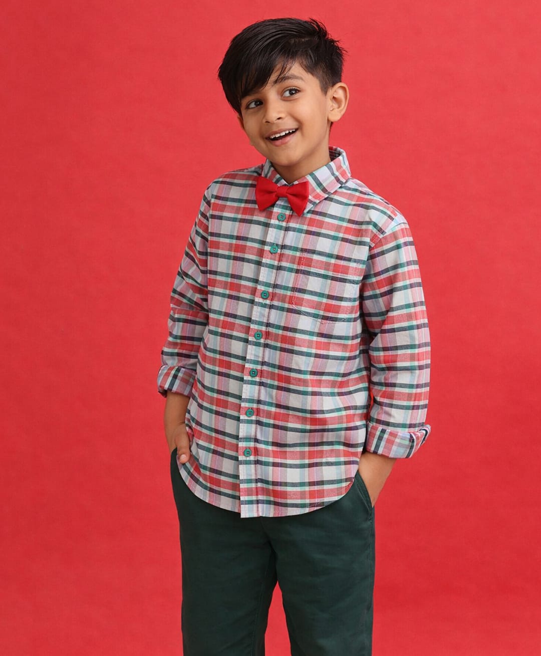 Tales & Stories Cotton Woven Full Sleeves Checked Shirt With Attached Bow - Multi Colour-picture-32
