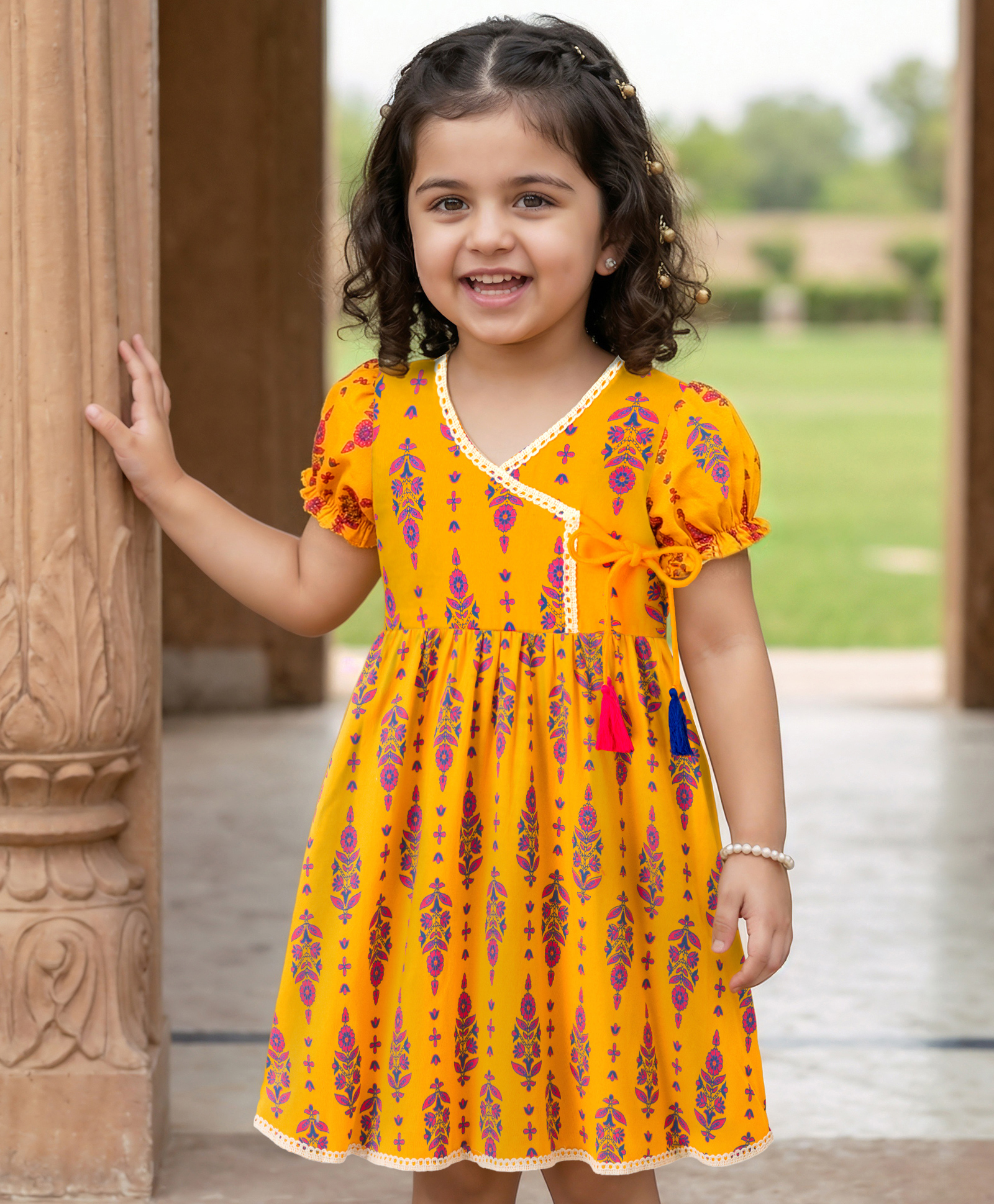 EARTHY TOUCH Cotton Knit Half Puffed Sleeves Ethnic Dress with Floral Print - Yellow-image-31