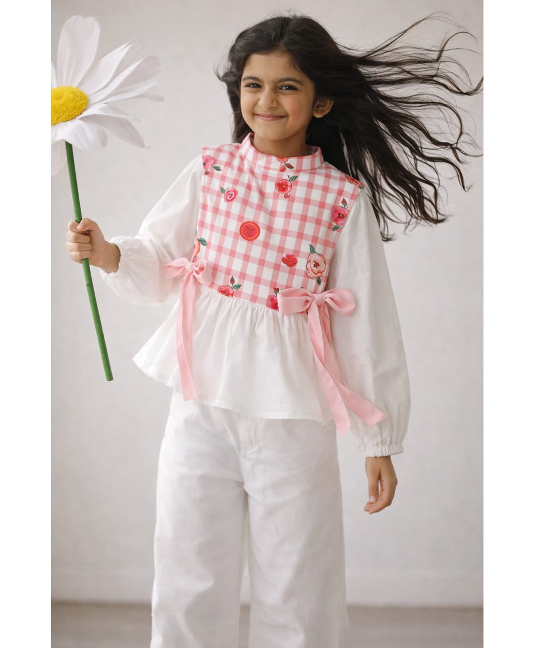 Tales & Stories Cotton Woven Full Sleeves Checked Floral Printed Tie Up Detailed Top - Pink-picture-29