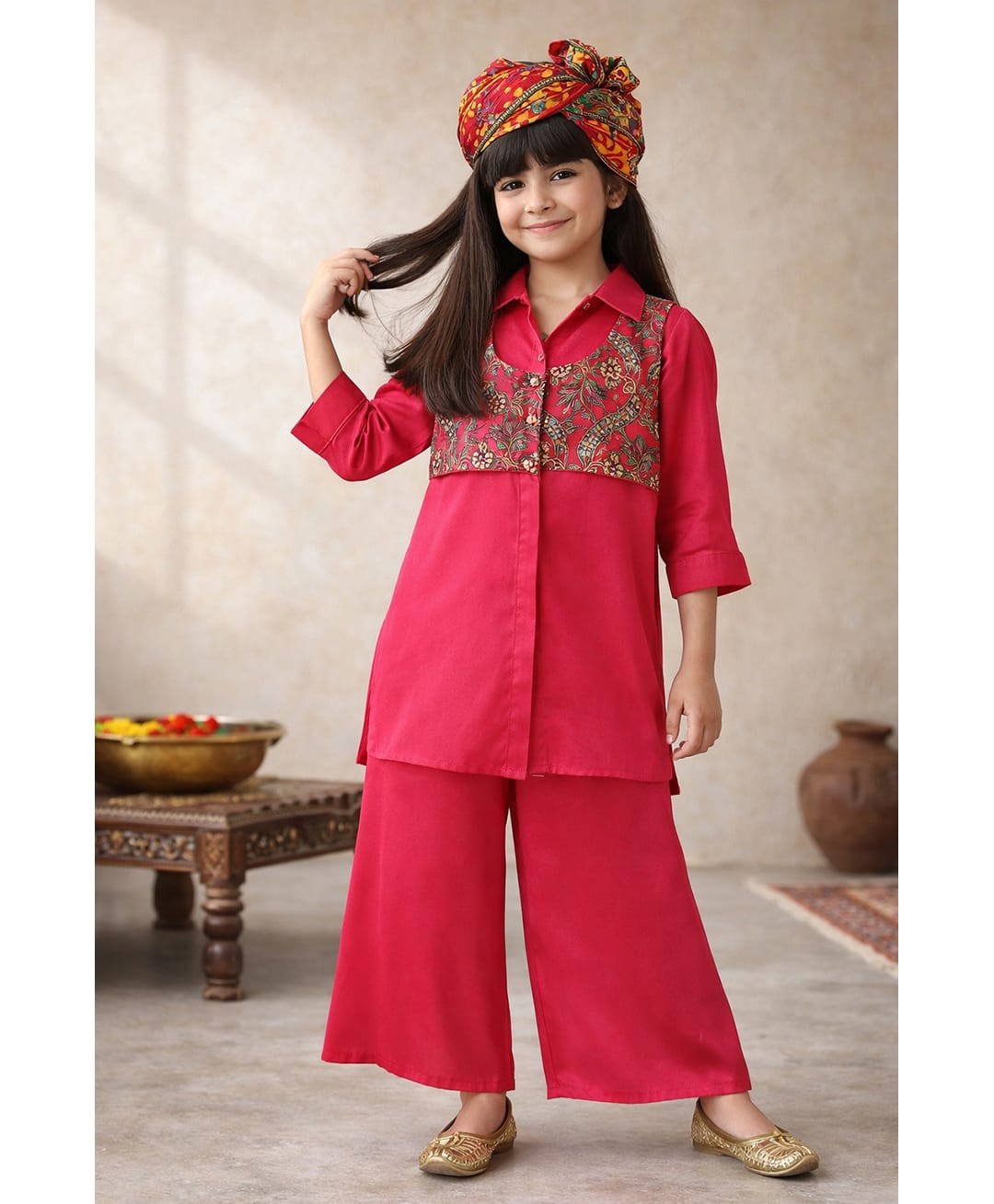Tales & Stories Viscose Woven Full Sleeves Solid Kurta & Palazzo With Leaves Printed Jacket Set - Dark Pink-image-16