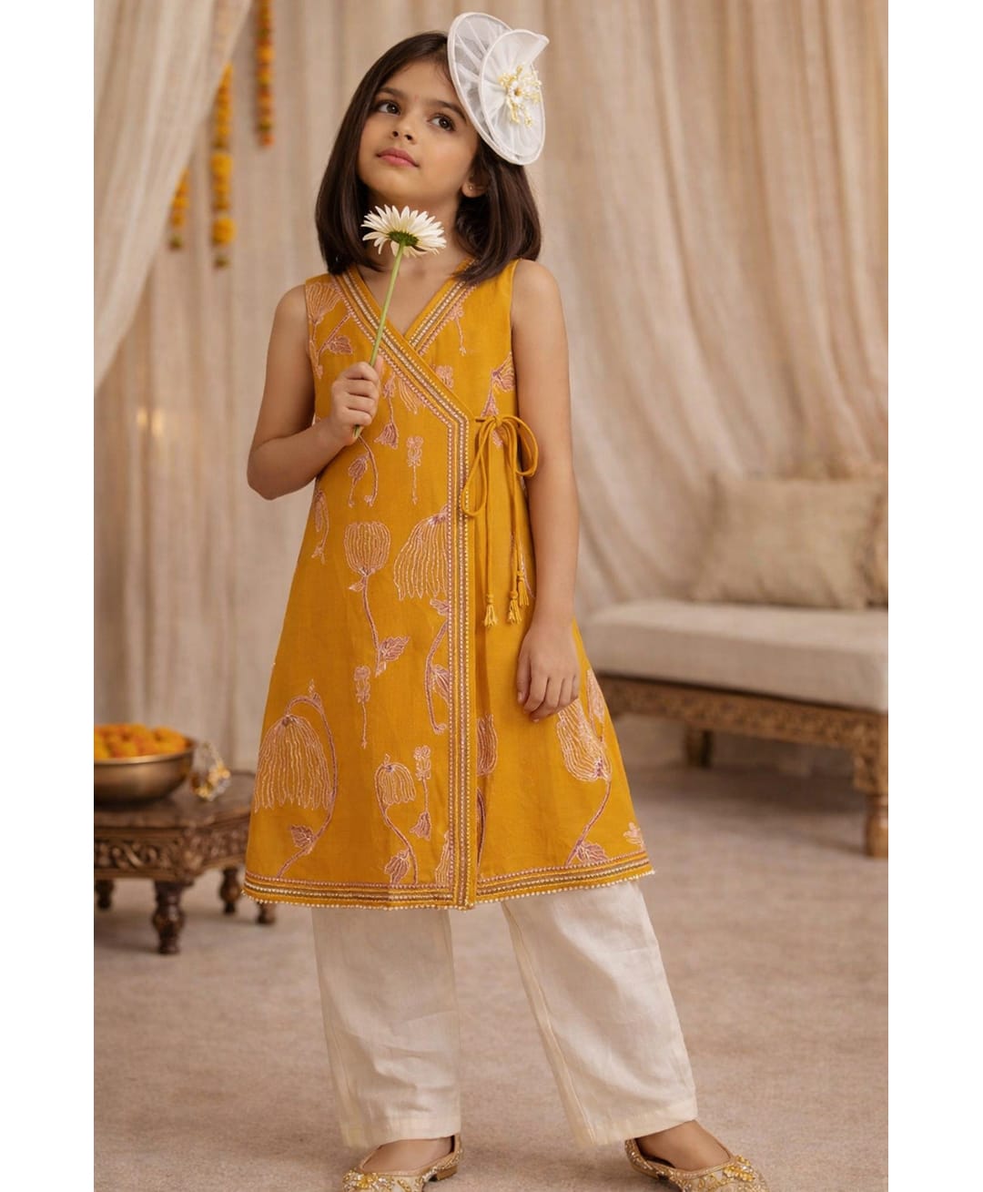 Tales & Stories Viscose Woven Sleeveless Floral Printed Kurti & Solid Pant Set - Yellow-picture-27