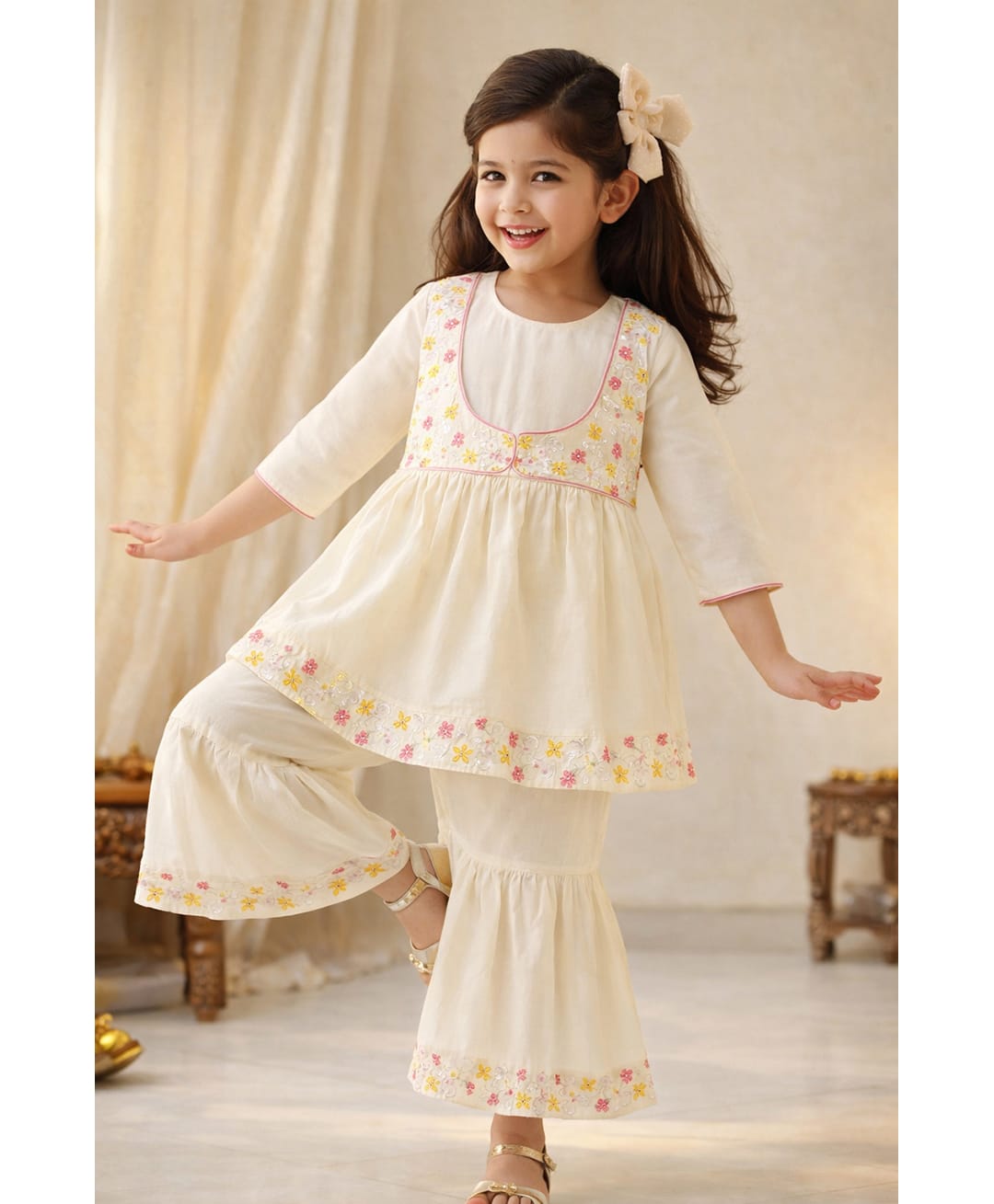 Tales & Stories Woven Three Fourth Sleeves Floral Embroidered Top & Sharara Set - Off White-image-48