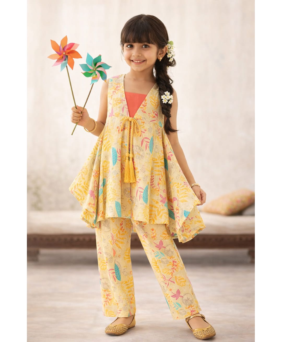 Tales & Stories Viscose Woven Sleeveless Floral Printed Top & Pants Set - Multi Colour-image-30