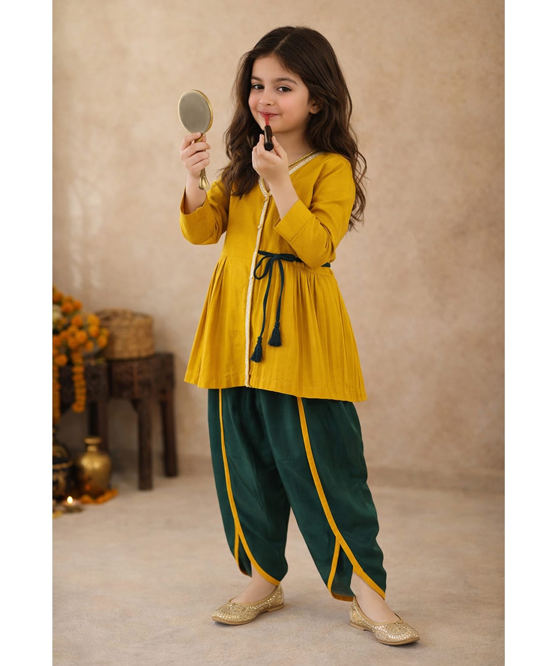 Tales & Stories Woven Full Sleeves Lace Embellished Tie Up Detailed Kurti & Dhoti Set - Yellow-picture-39