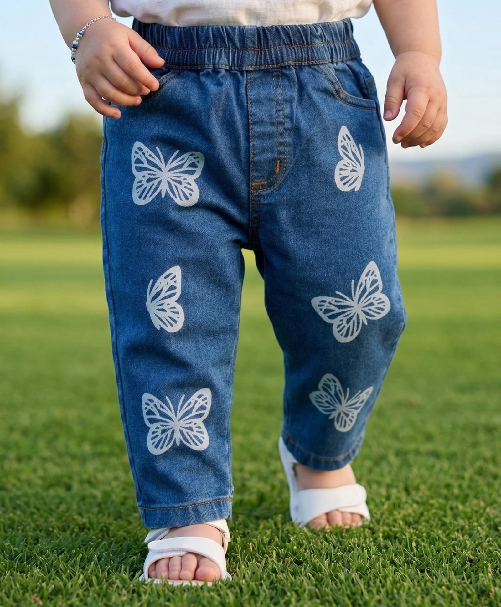 Babyoye Cotton Lycra Full Length Denim Jeans with Butterfly Print - Blue-picture-14