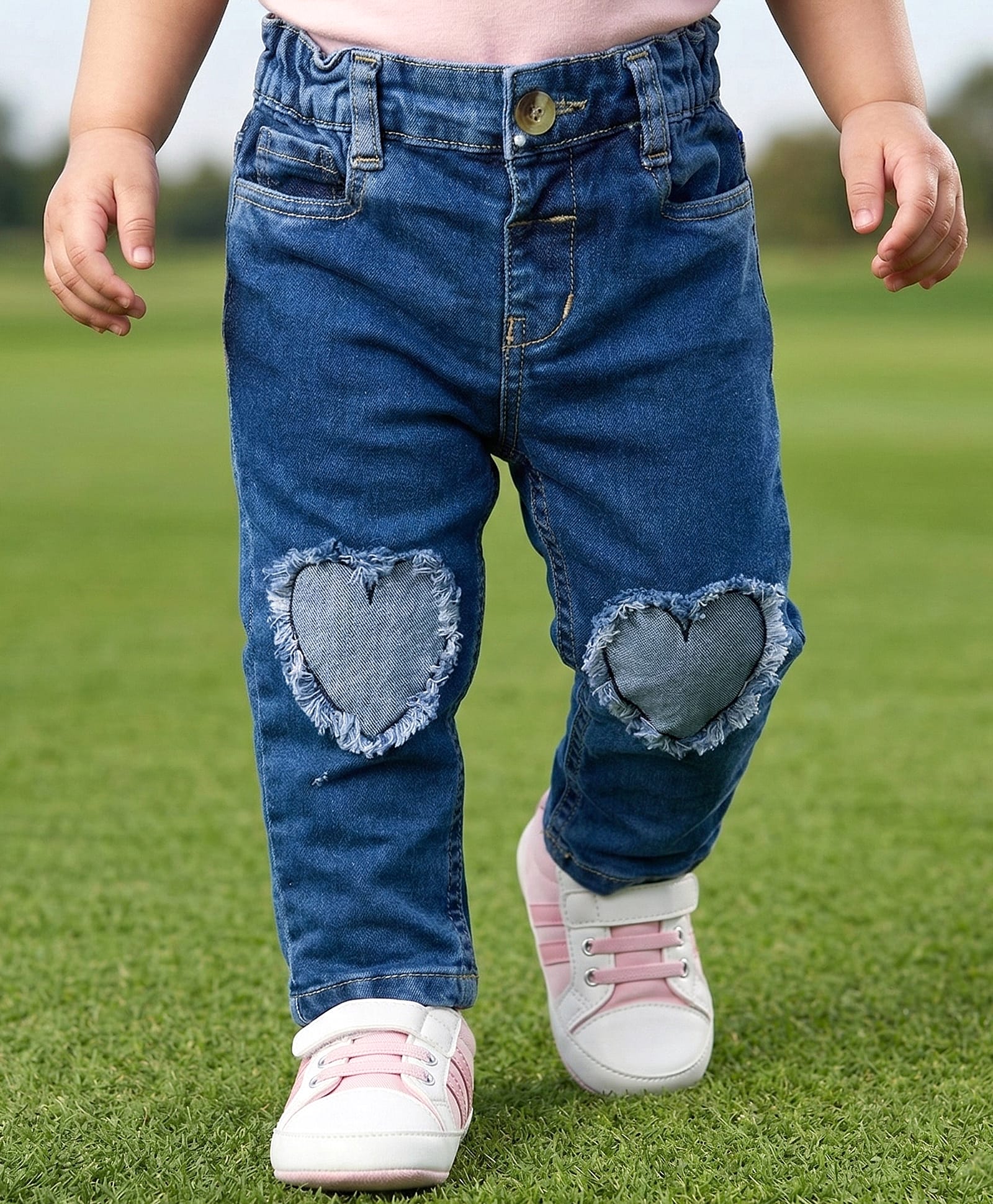 Babyoye 100% Cotton Lycra Woven Denim Full Length Jeans With Hearts Embroidery - Blue-picture-23