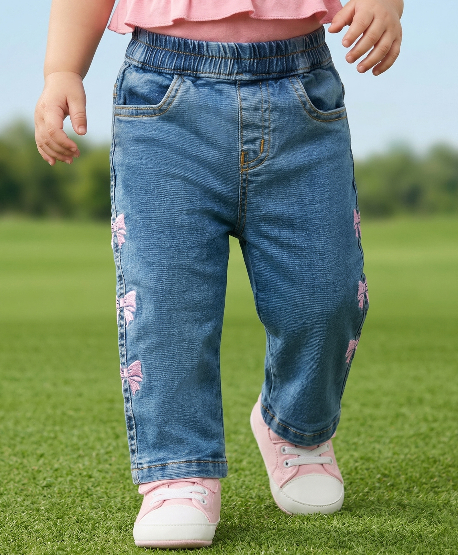 Babyoye Denim Woven Full Length Jeans With Bow Embroidery - Blue-picture-10
