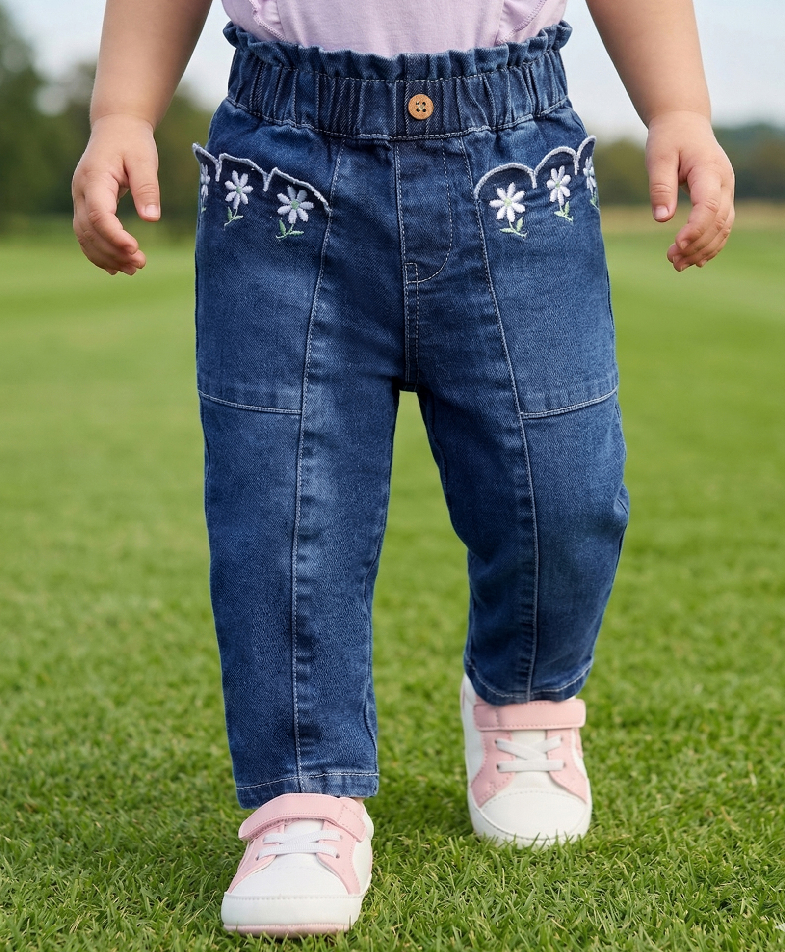 Babyoye Denim Woven Full Length Cut & Sew Denim Jeans with Floral Embroidery - Blue-picture-35